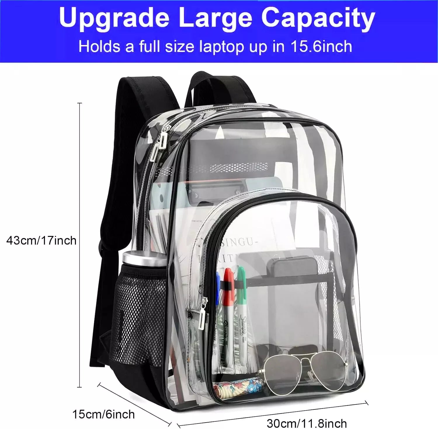 Large Heavy-Duty Clear Backpack – .5mm Transparent PVC See-Through Bag for School, Stadium, Travel, Books