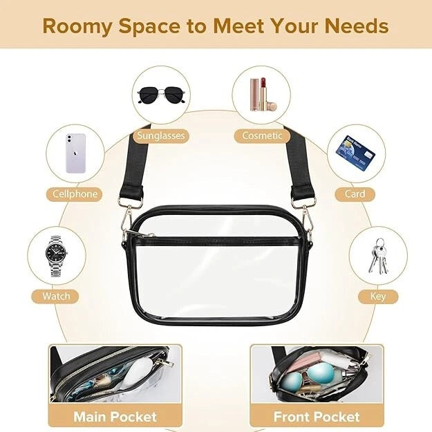 Clear Crossbody Purse Hand Bag-Stadium Approved Concerts-Quilted Trim Adj. Strap