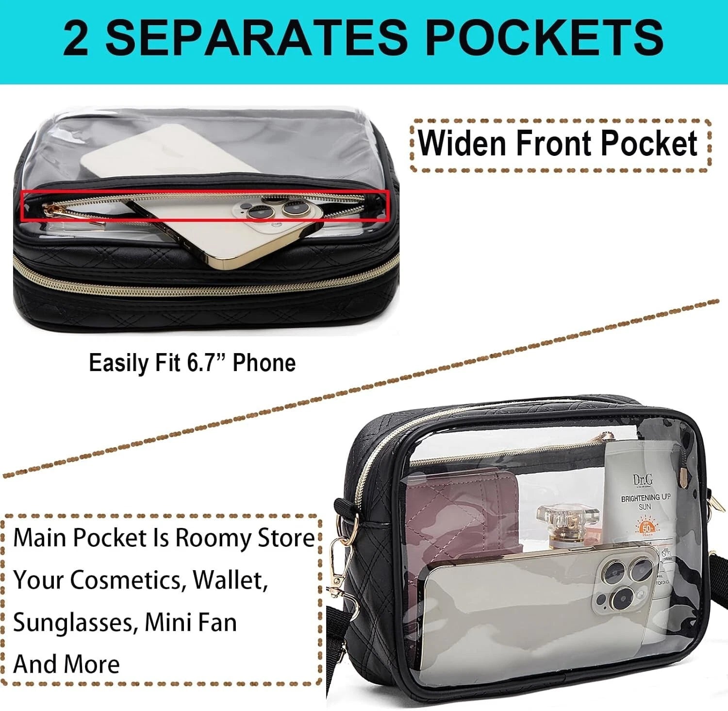 Clear Crossbody Purse Hand Bag-Stadium Approved Concerts-Quilted Trim Adj. Strap