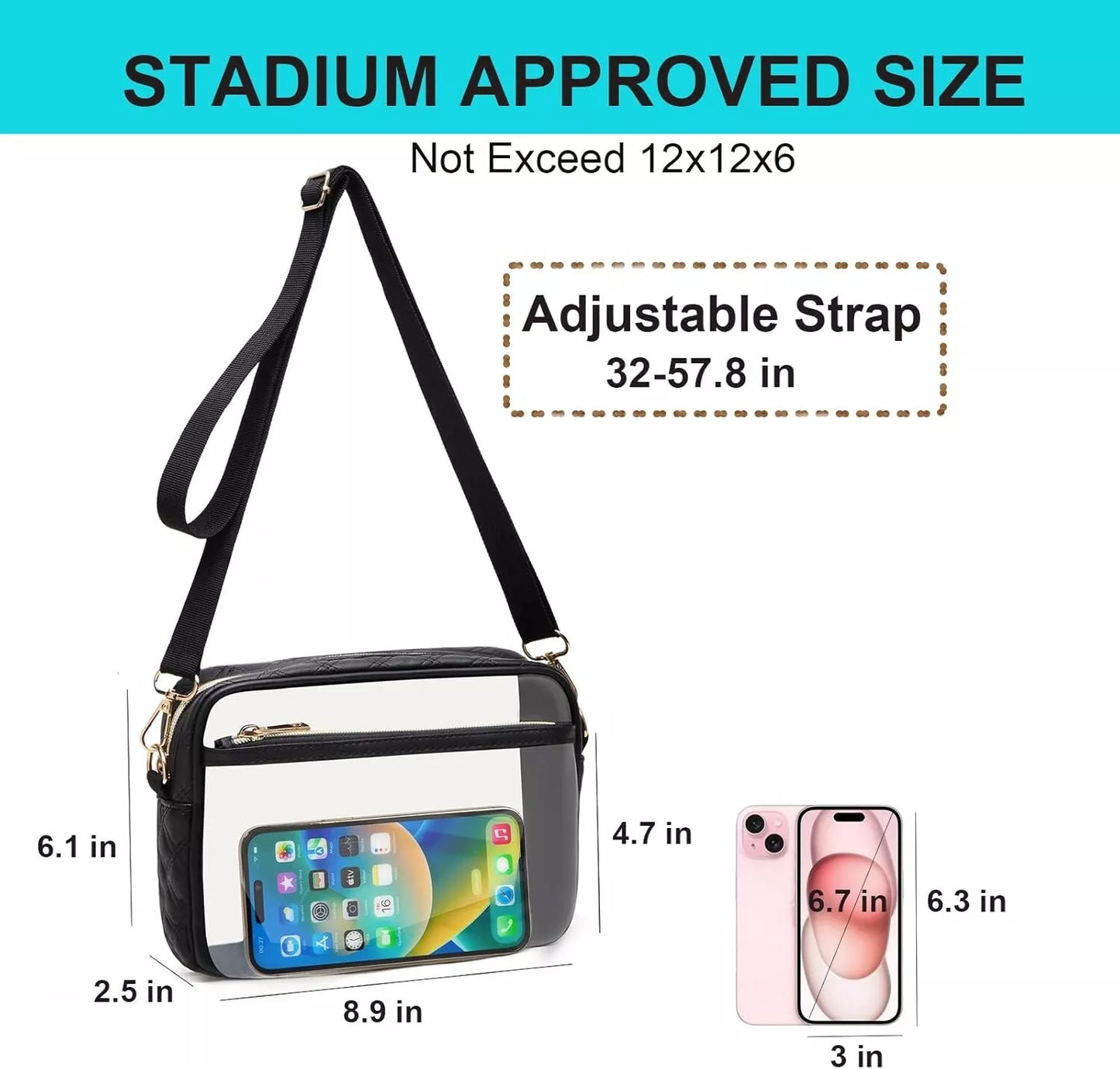 Clear Crossbody Purse Hand Bag-Stadium Approved Concerts-Quilted Trim Adj. Strap