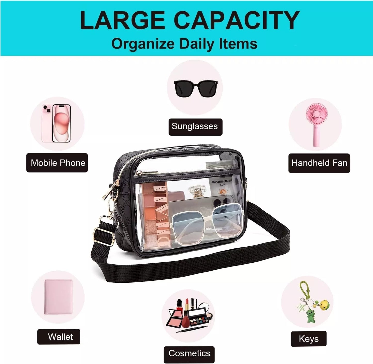 Clear Crossbody Purse Hand Bag-Stadium Approved Concerts-Quilted Trim Adj. Strap