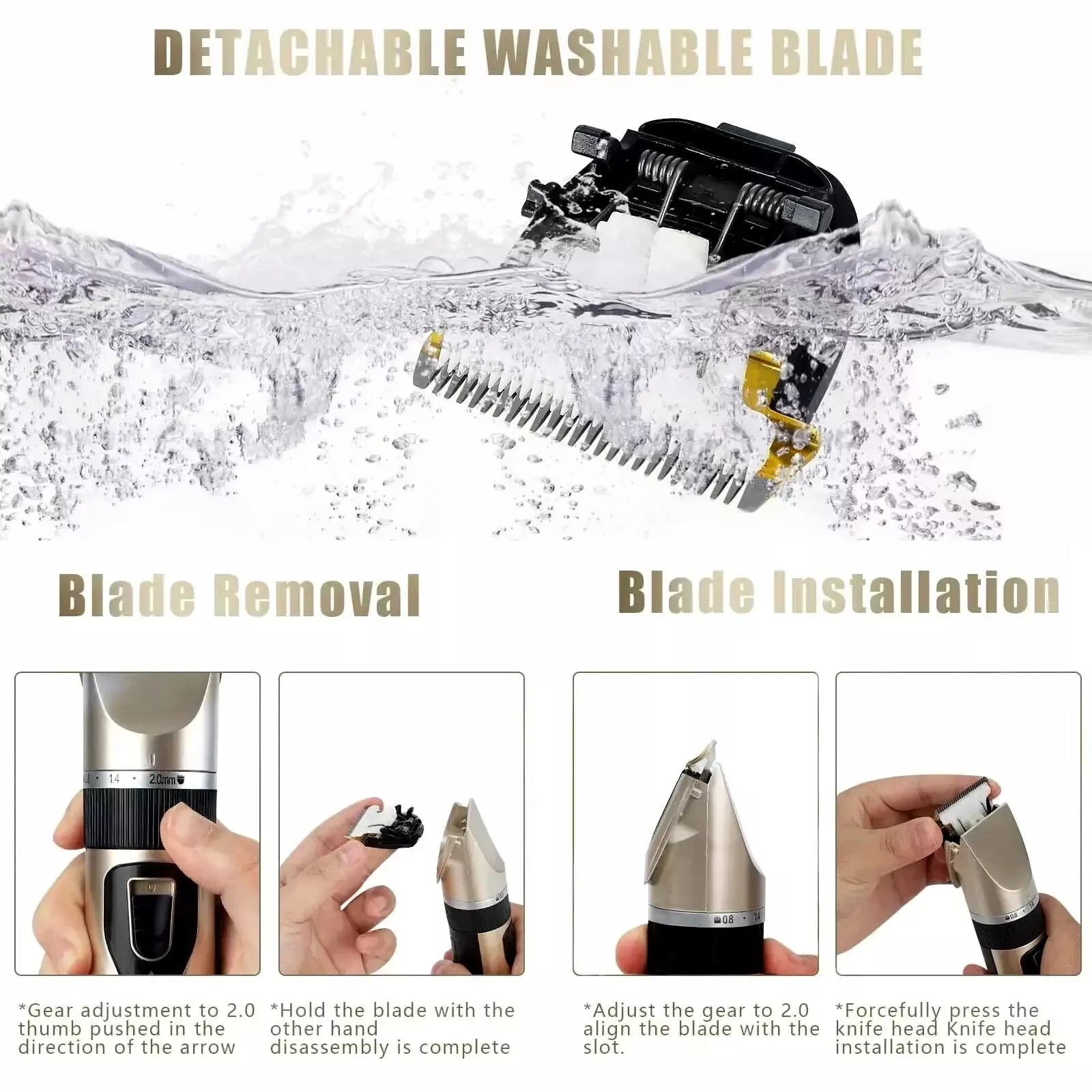 Instructions for removing and installing a detachable washable blade on a grooming tool.