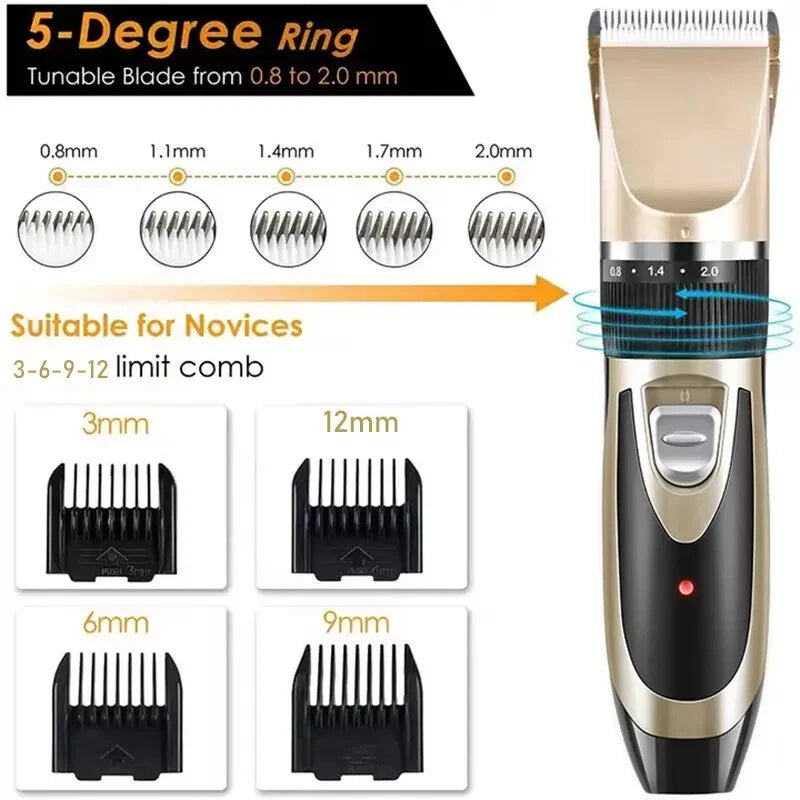 rechargeable pet hair trimmer with 5 degree ring adjustable modes with 4 different size clipper comb head attachments