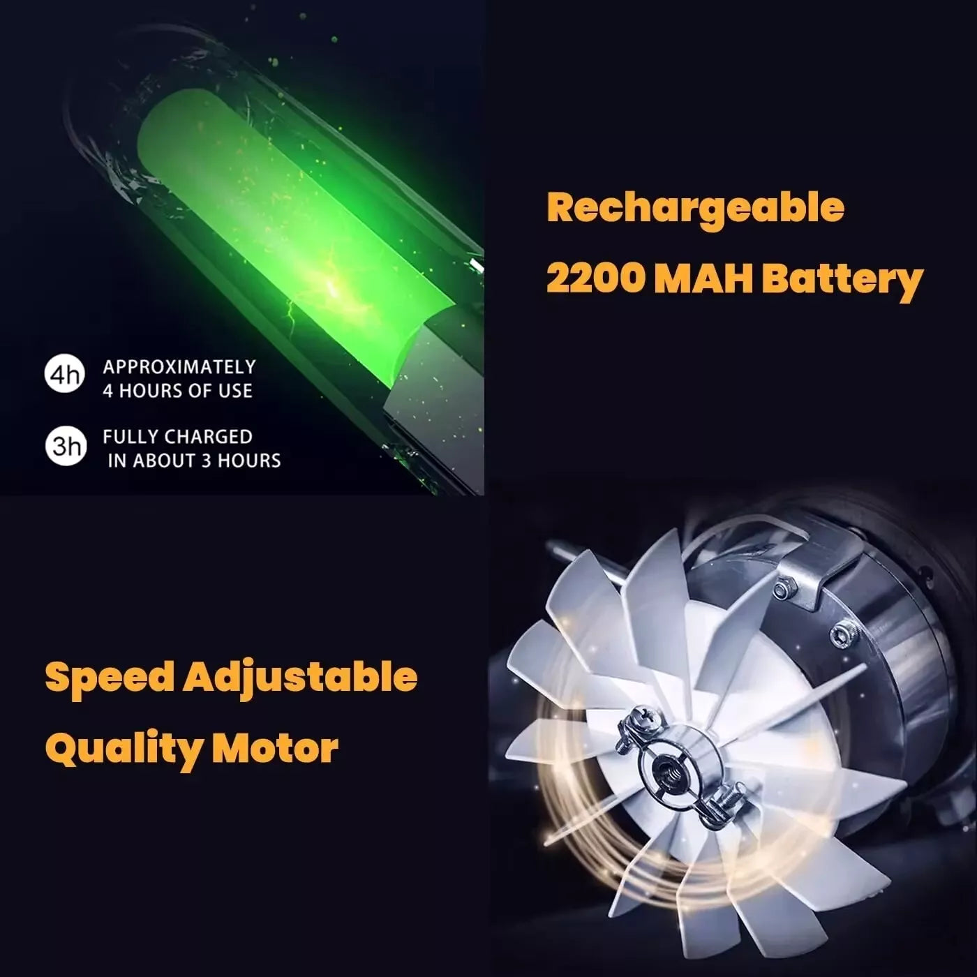 rechargeable pet hair trimmer's large 220mAh battery size, lasting up to 4 hours, fully charged in 3 hours, with a speed adjustable quality motor