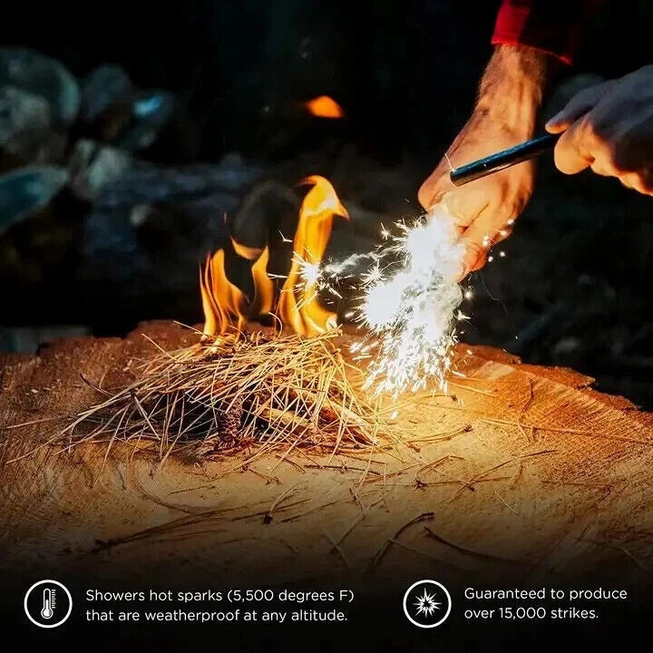 Person lighting a fire with a huge military grade ferro rod sparks.