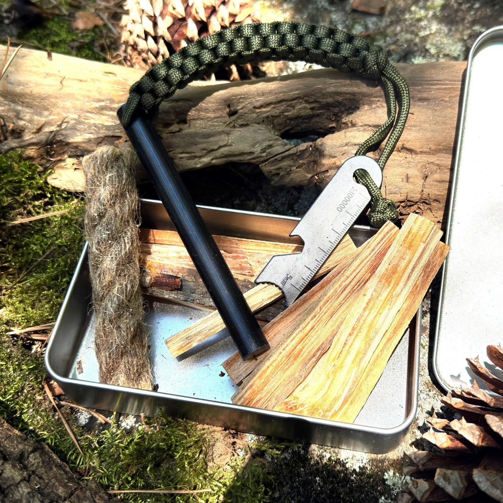 5 x 1/2" Ferro Rod Fire Starter Kit – Fatwood, Hemp Rope, Tin Can, Survival Gear