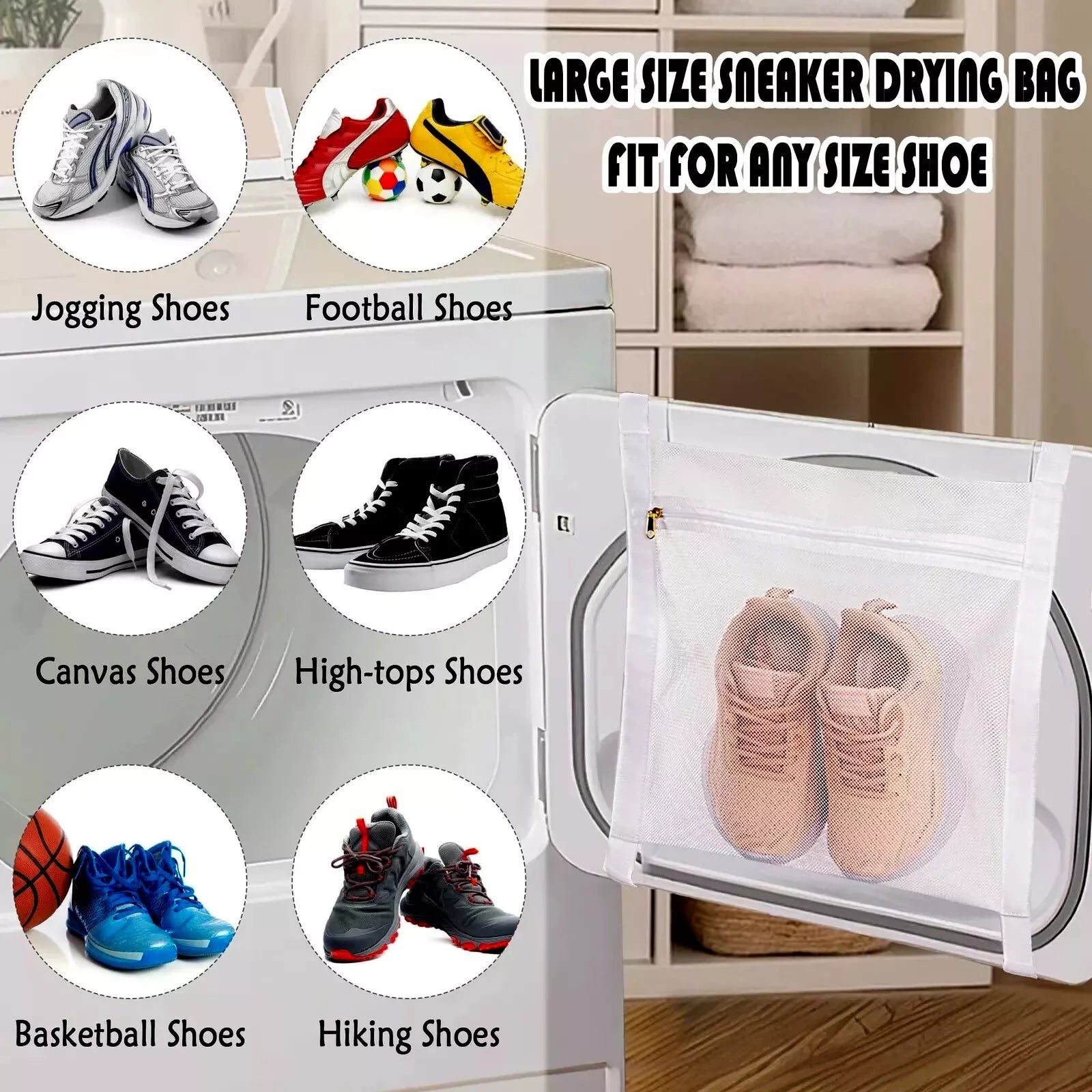 Large Laundry Mesh Sneaker Shoe-Delicates Wash & Dry Zip Bag, Adjustable Straps