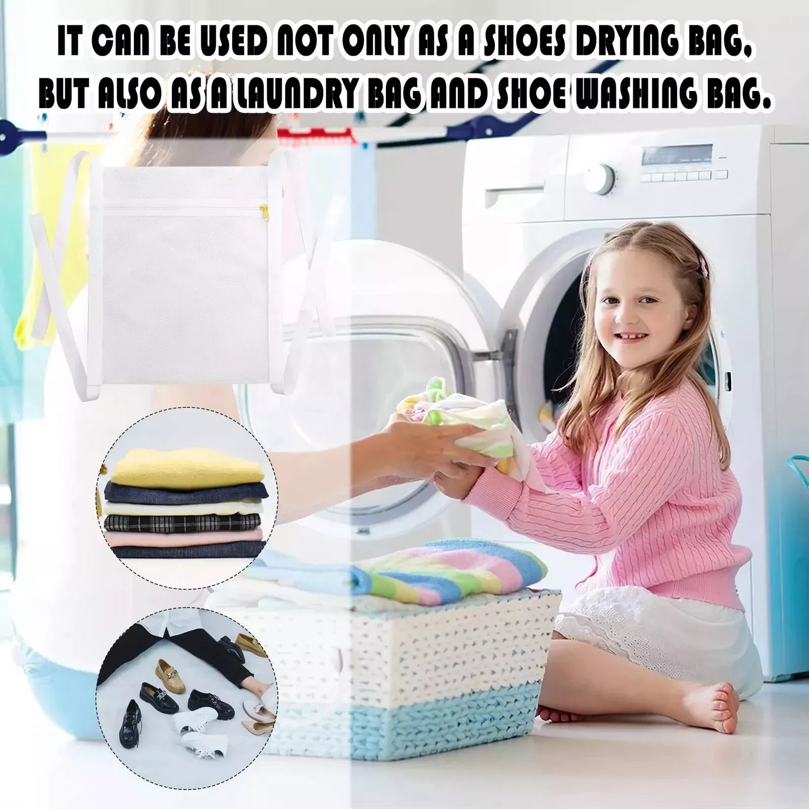 Large Laundry Mesh Sneaker Shoe-Delicates Wash & Dry Zip Bag, Adjustable Straps