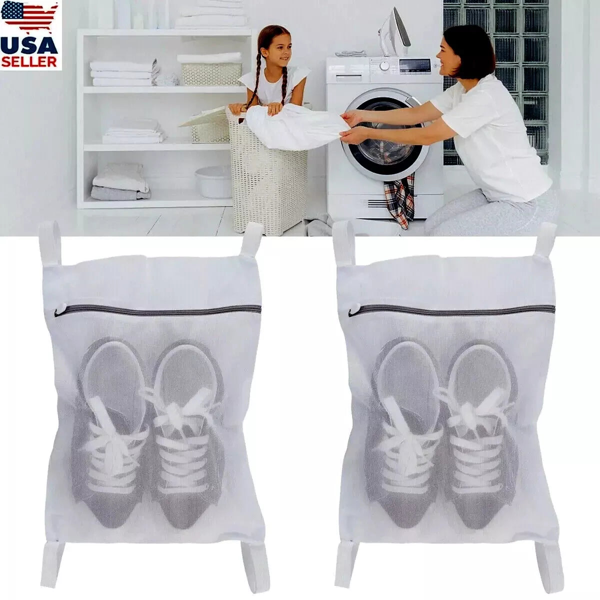 Large Laundry Mesh Sneaker Shoe-Delicates Wash & Dry Zip Bag, Adjustable Straps