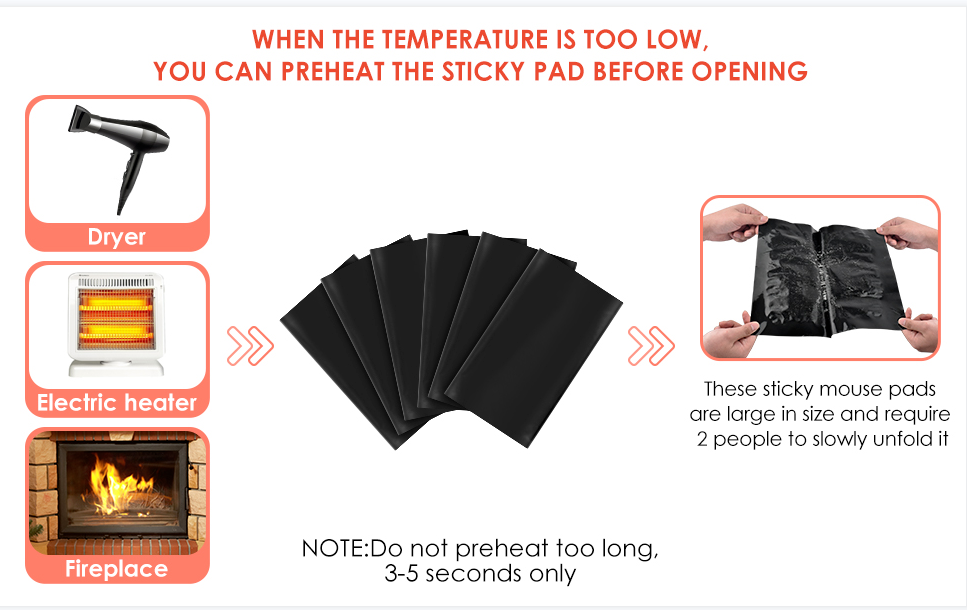 Instructions for using sticky mouse pads, including heating methods and size considerations.