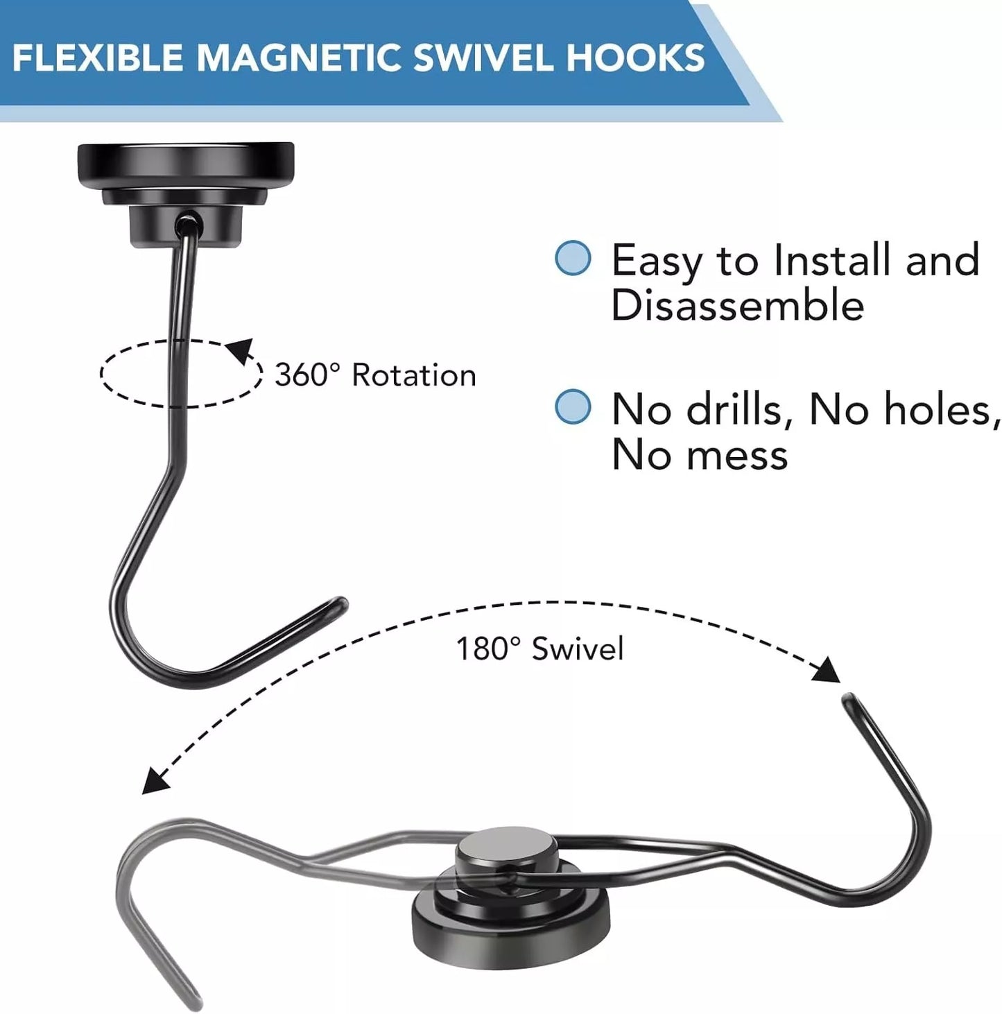 ALLNAT Neodymium Earth Magnets – Strong Rotating Swivel Swing Kitchen Hook Black