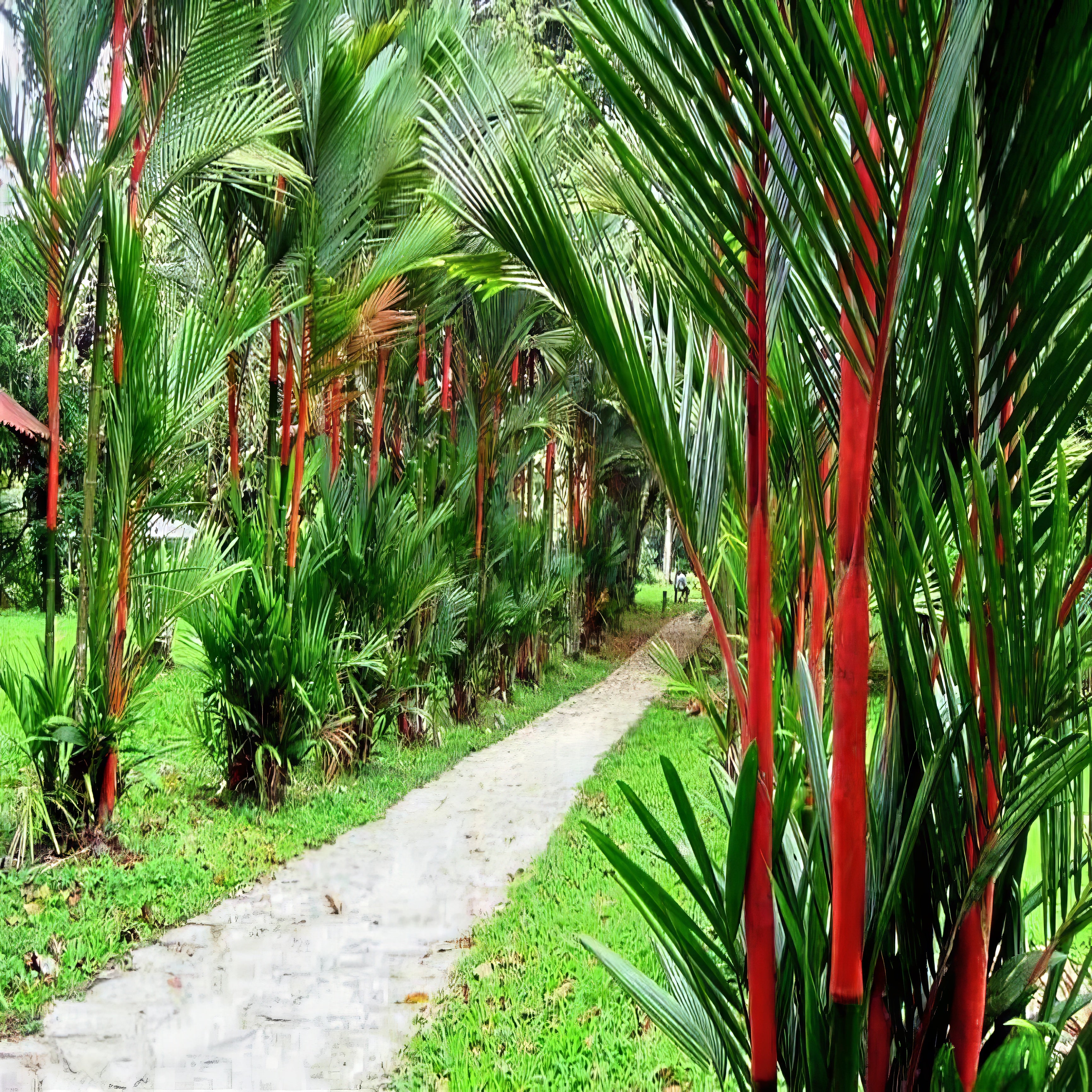 Tropical garden with a stone path lined by red wax palm trees and red ribbons.