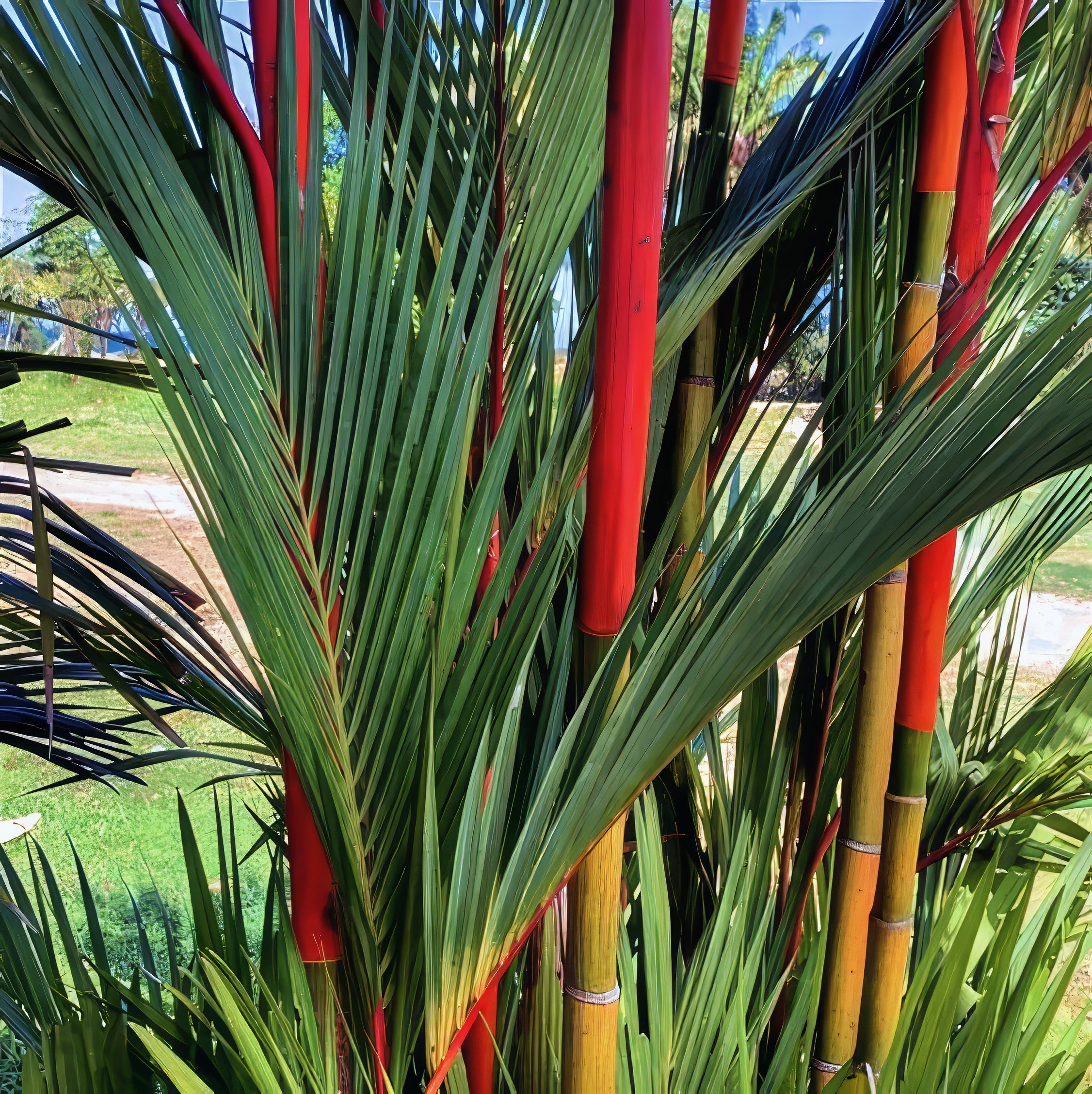 Close up of Red Sealing Wax palm tree red color with green fronds