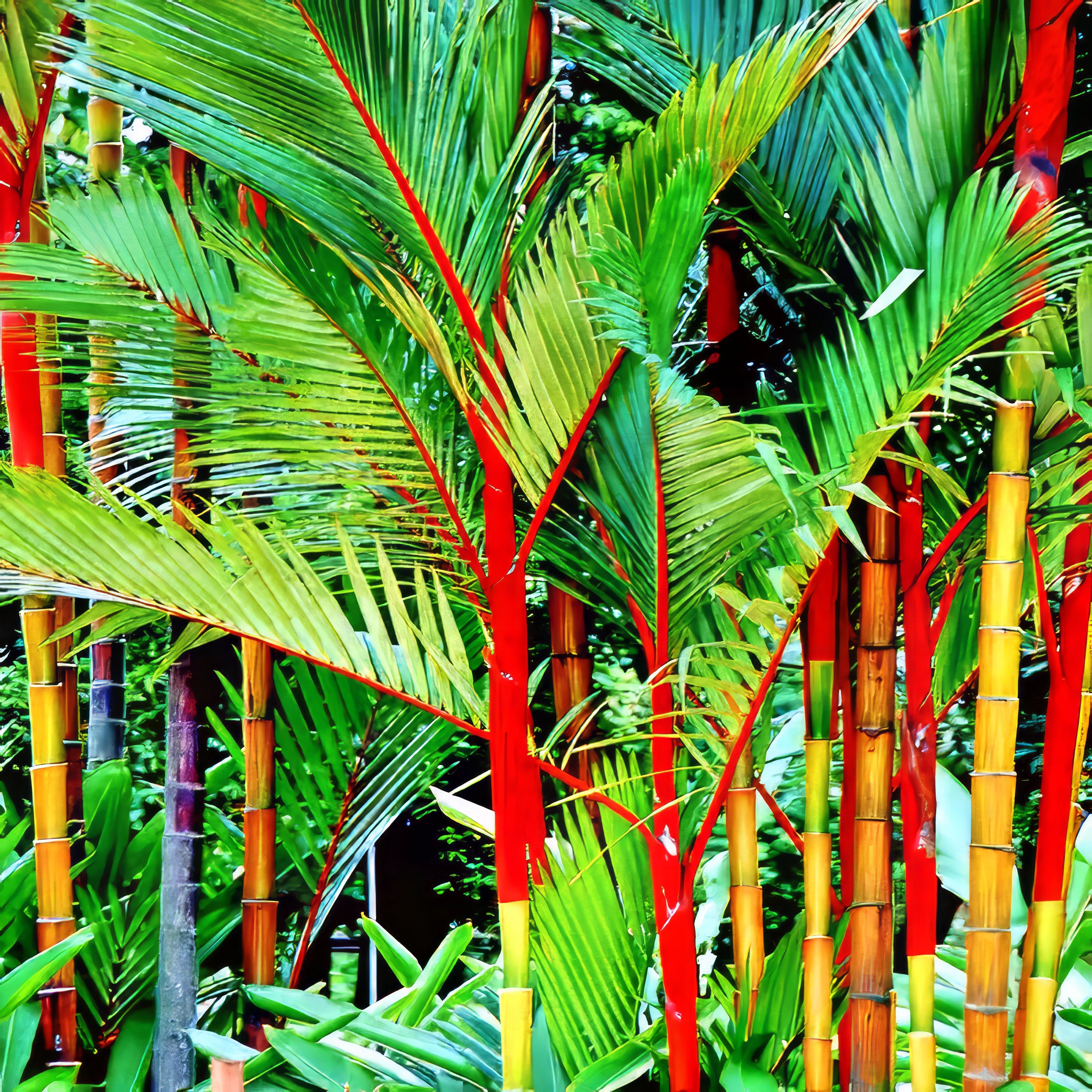 Cyrtostachys renda Red Sealing Wax palm tree Tropical plants with red and green leaves in a lush garden setting