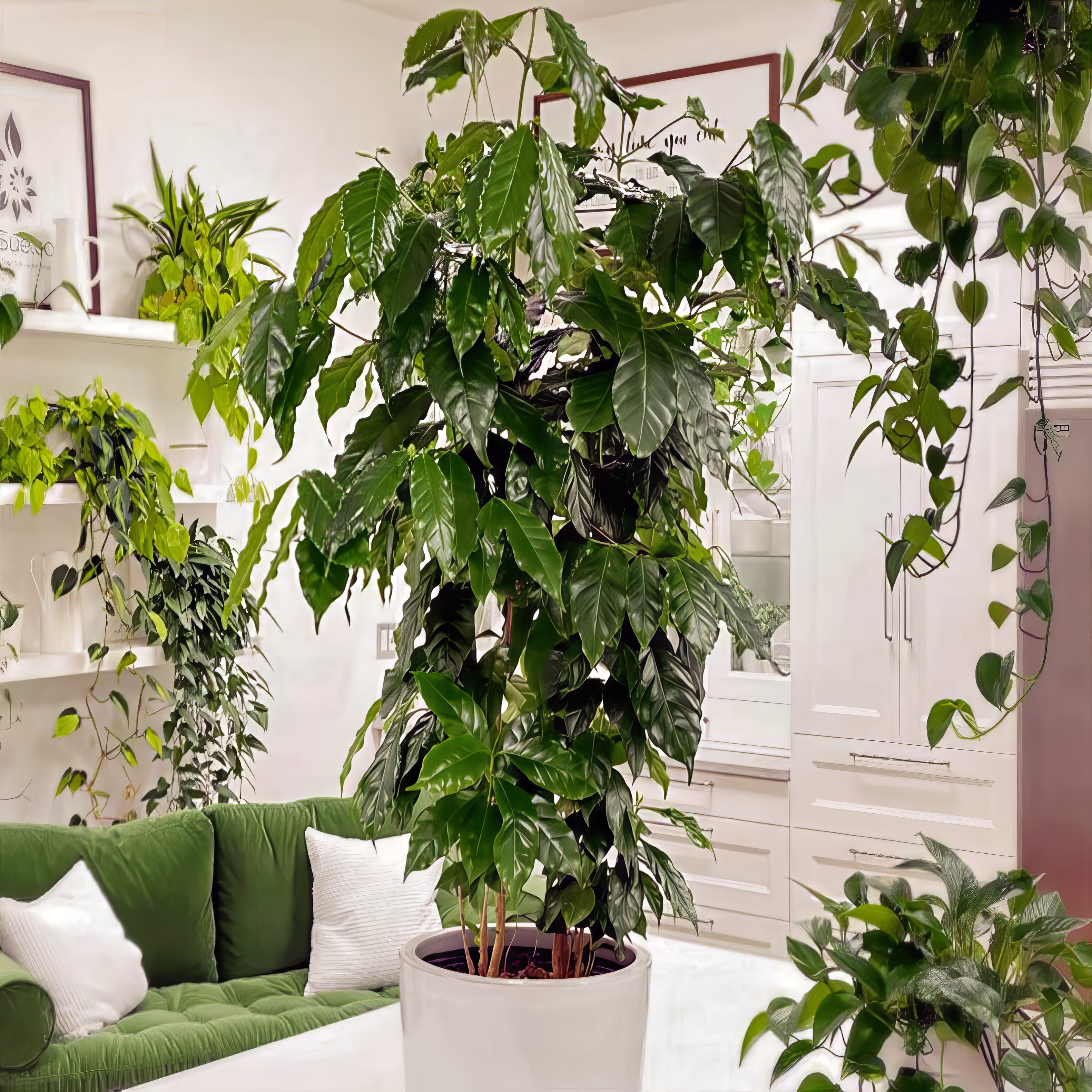 Indoor coffee plants in a living room with a green sofa and white walls.
