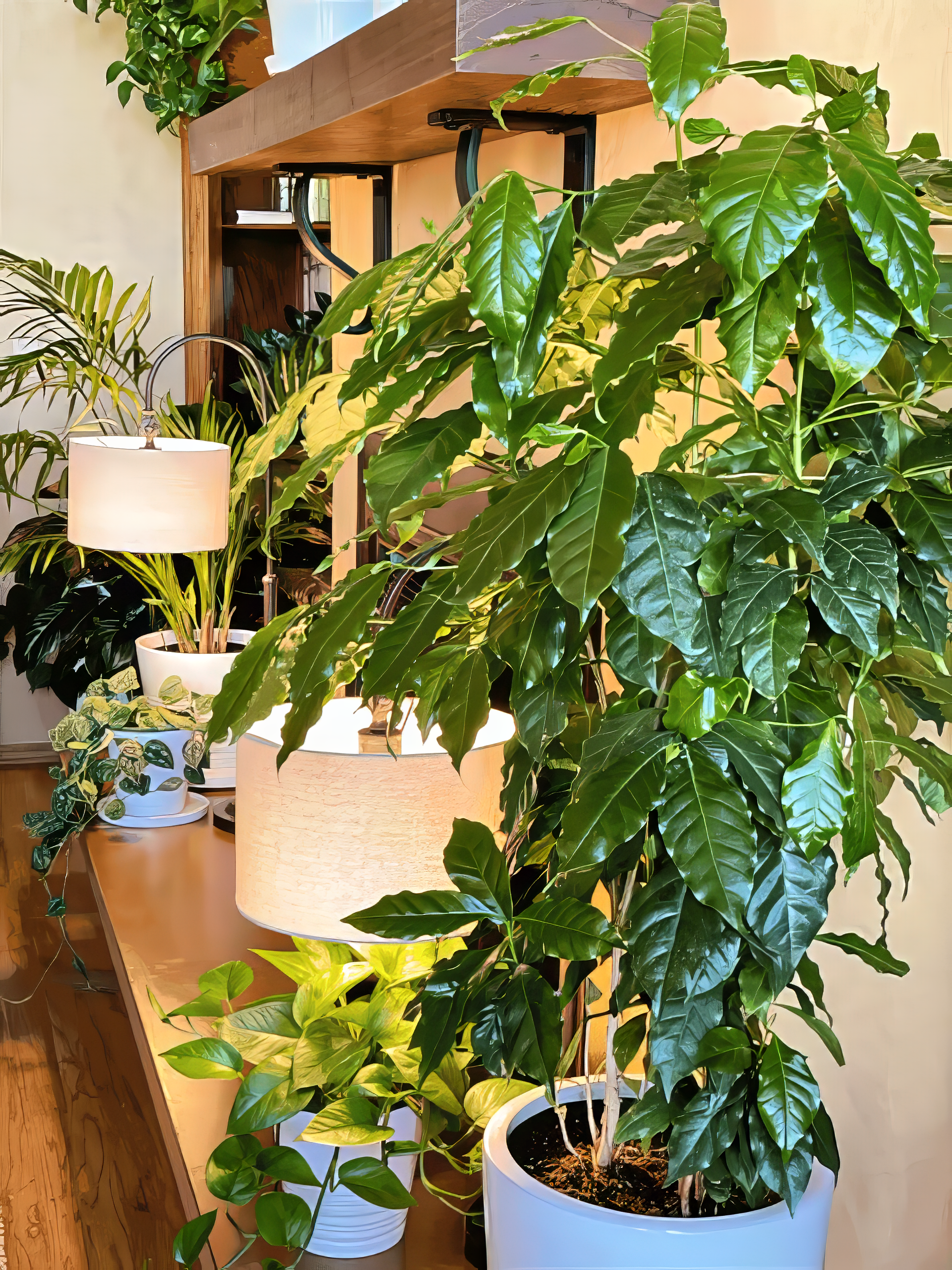 Indoor Coffee tree plants in a room with wooden furniture and lamps.
