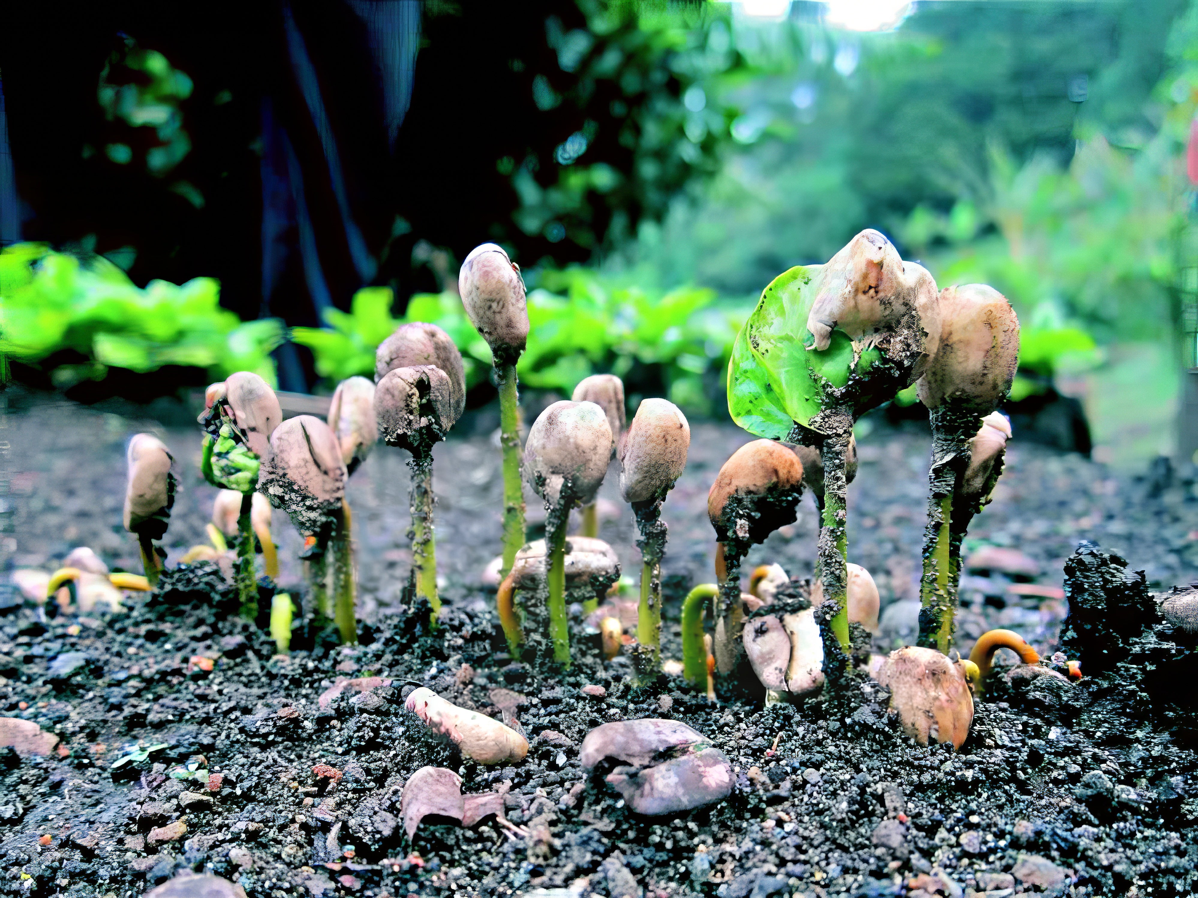Coffee seedlings emerging from soil with a natural outdoor background