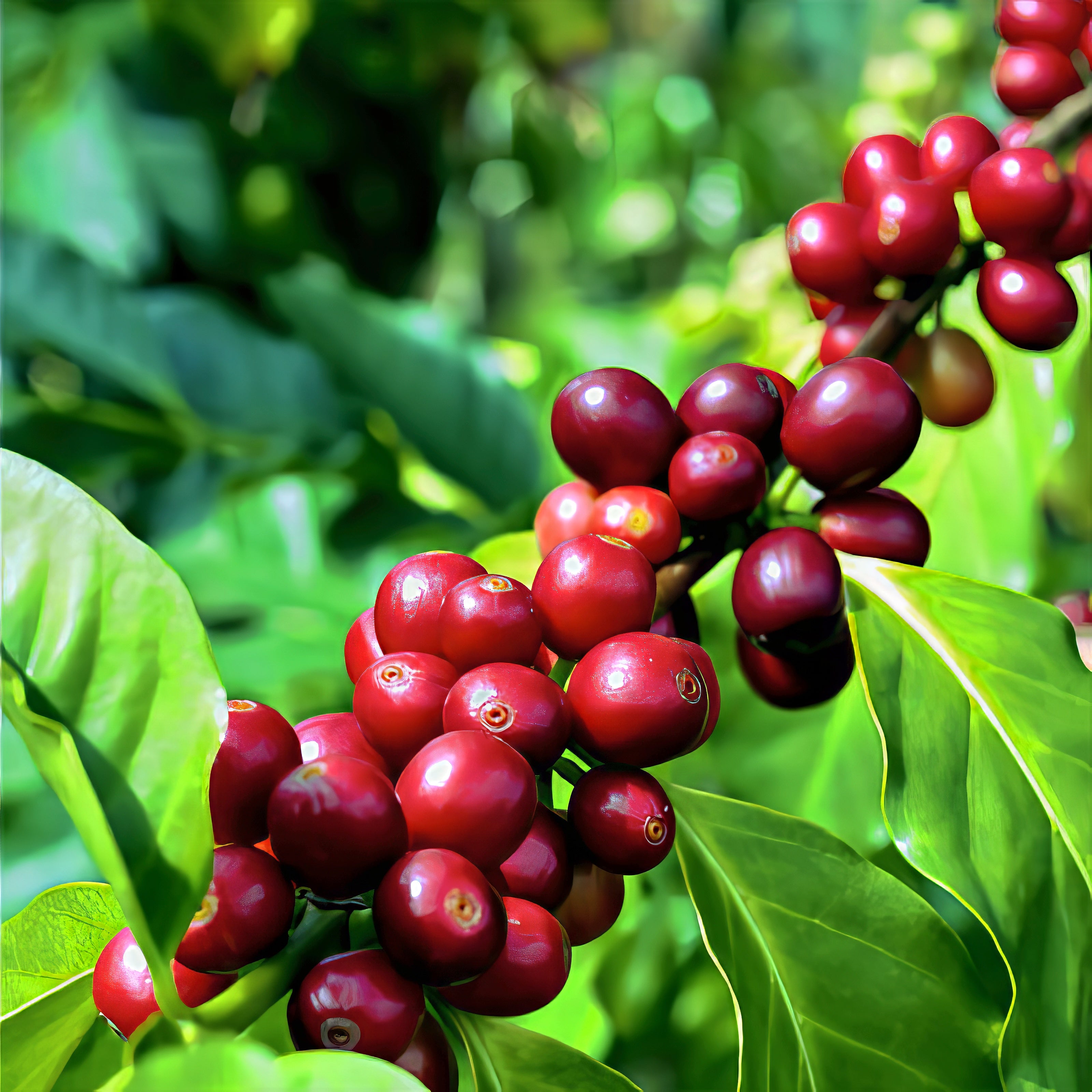 Red coffee berries on a branch with green leaves