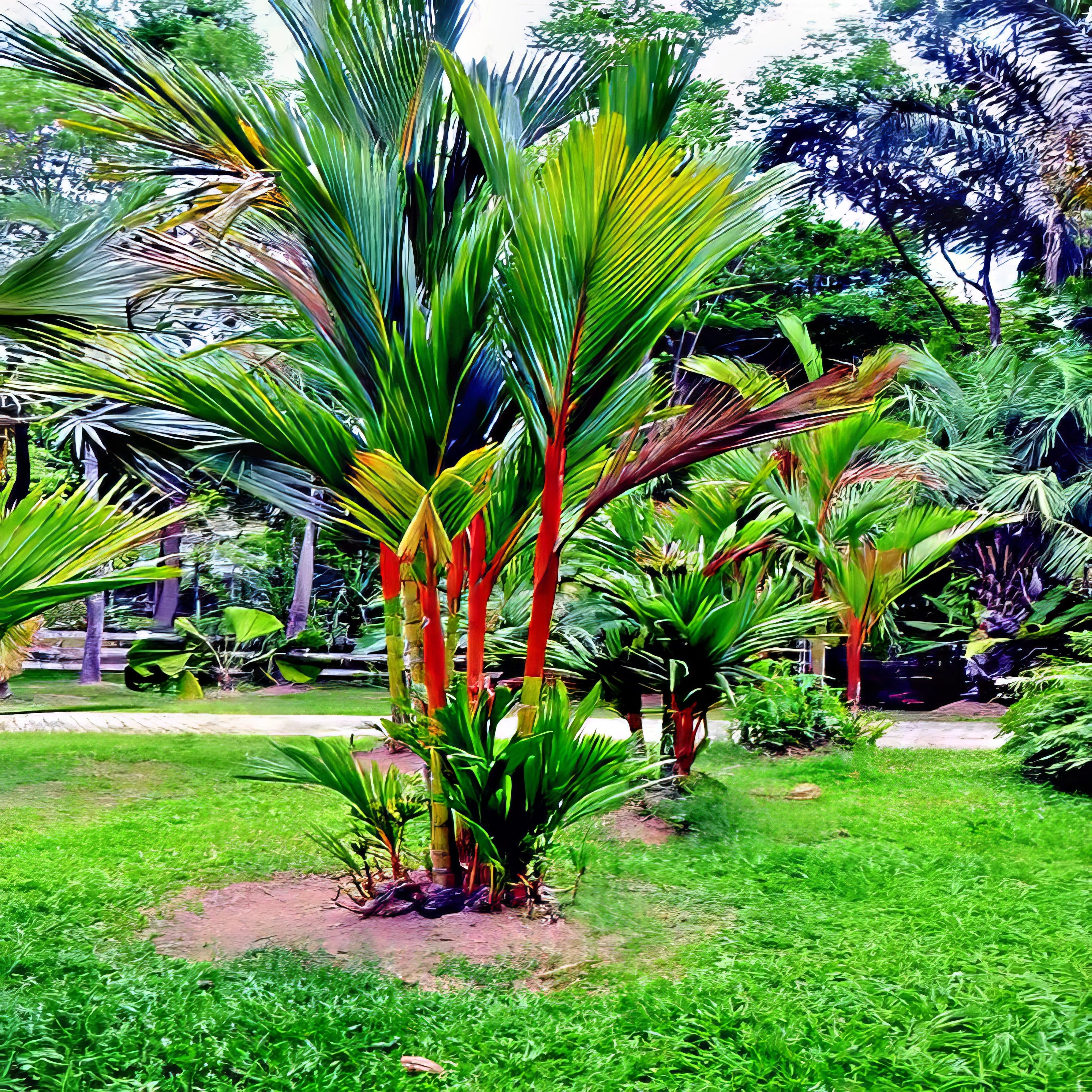 Tropical garden with red wax palm trees and green grass