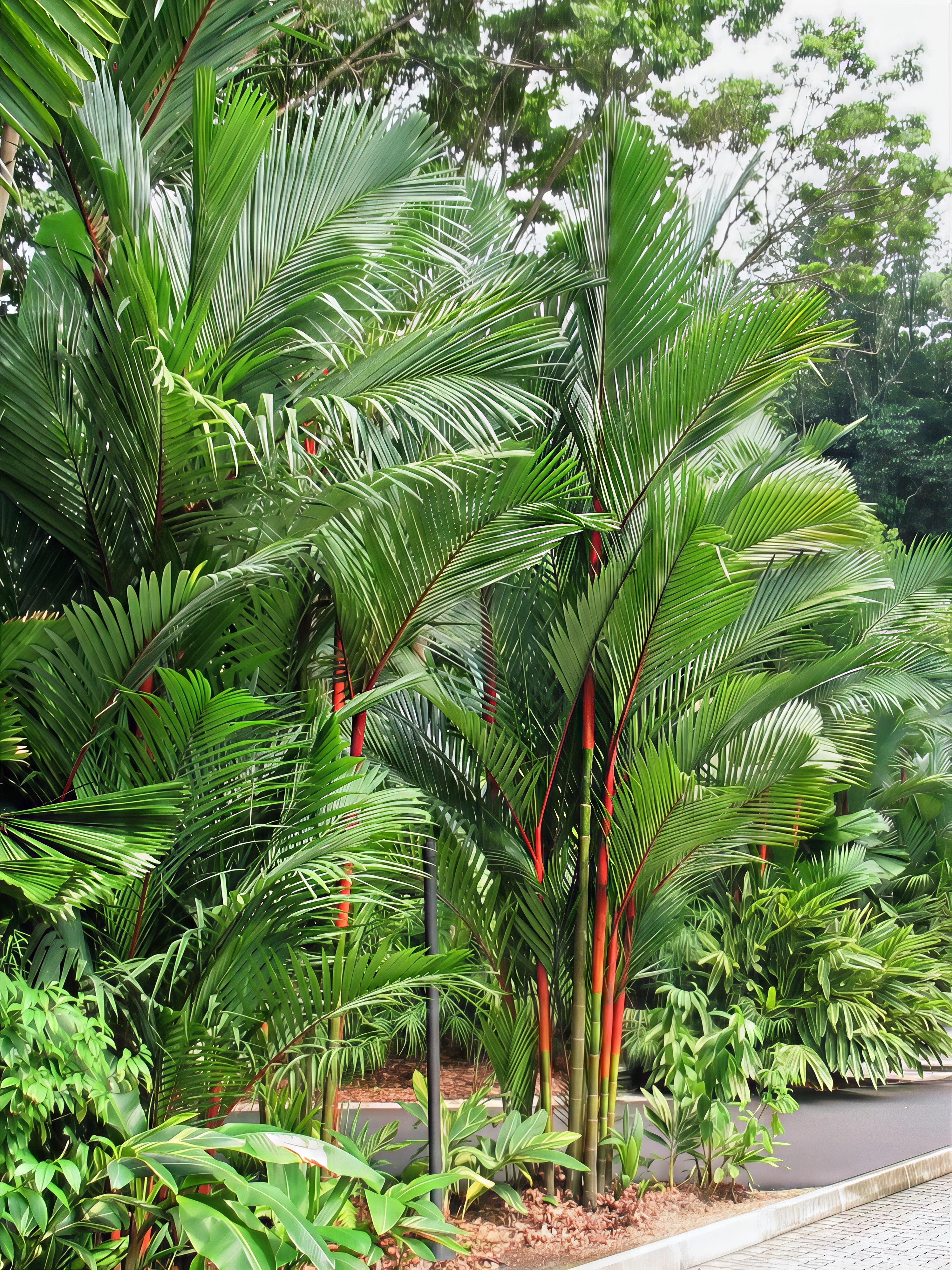 red ceiling wax palm Tropical plants with red stems in a garden setting