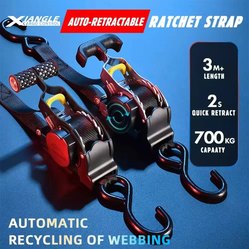 Auto Retracting Ratchet Strap 1" x 10' 1500Lb Heavy Duty Cargo Tie Down Strap