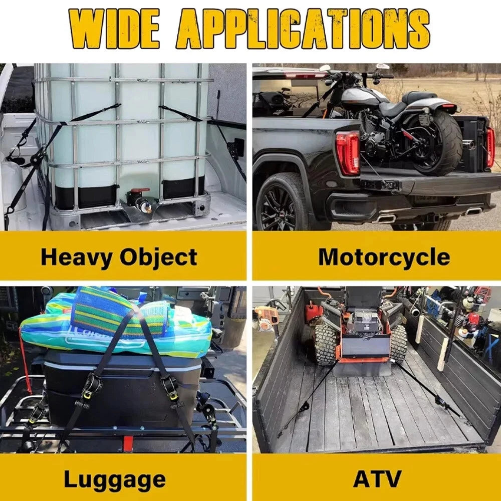 Various applications of auto retractable ratchet straps on a truck bed cover system including heavy object, motorcycle, luggage, and ATV.