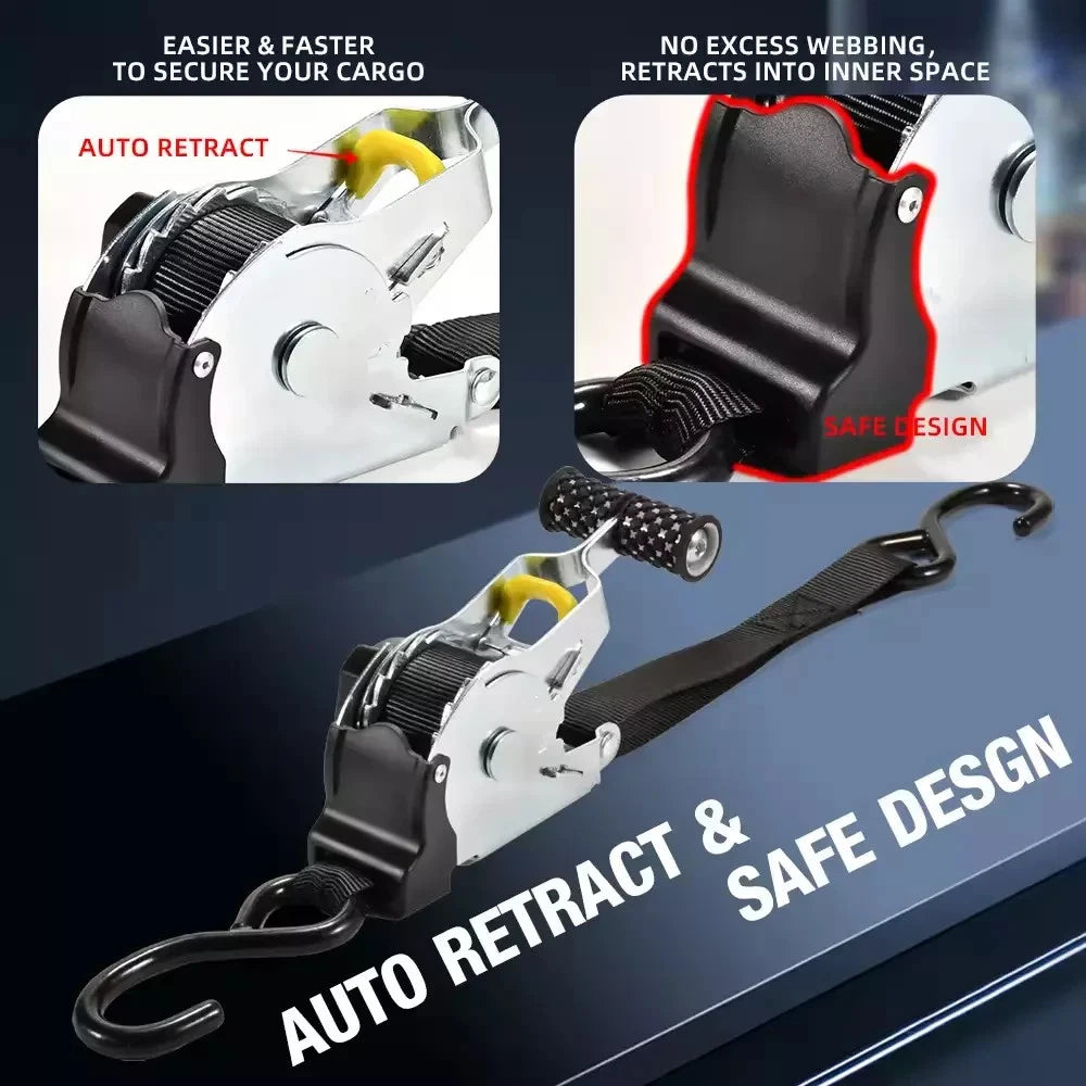 Auto retractable cargo strap with safety features on a dark background