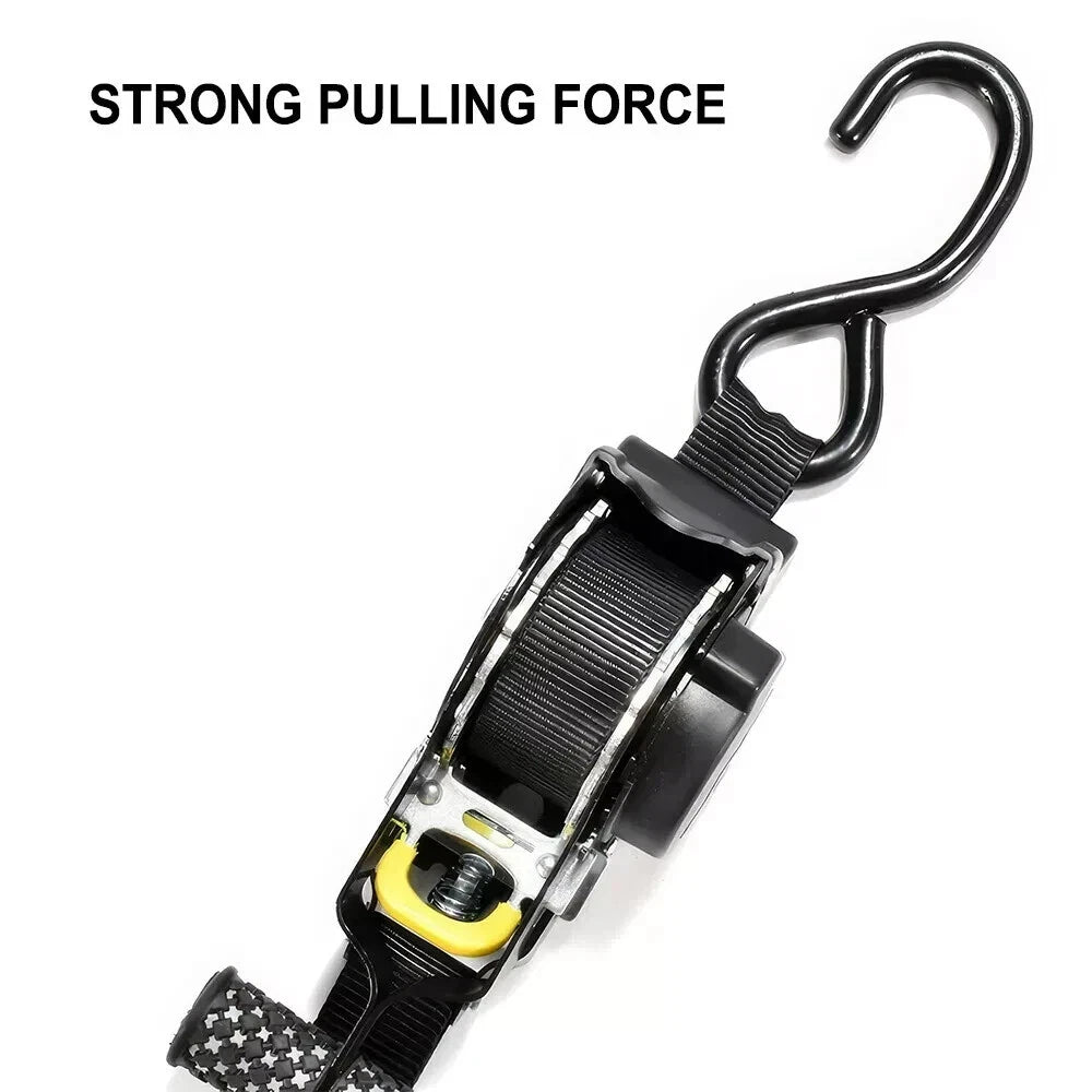 Ratchet strap with a hook on a white background, labeled 'Strong Pulling Force'.