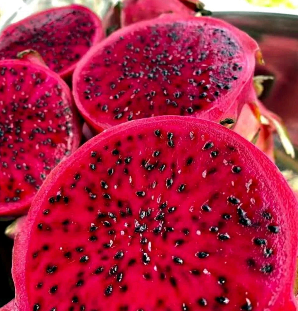 Close-up of sliced red dragon fruit with black seeds, likely a dragon fruit.