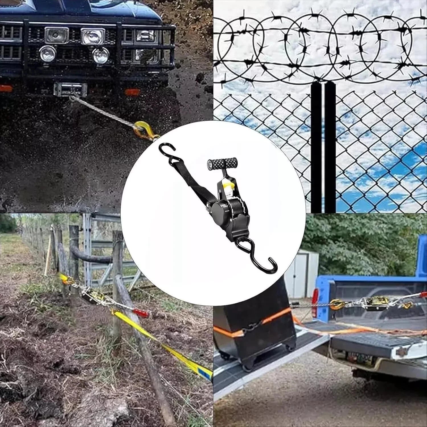 Collage of a various applications of auto retractable rachet straps in various settings with a focus on its use.
