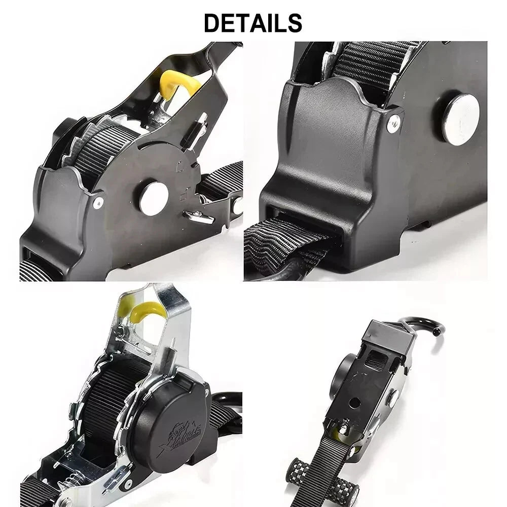 Close-up details of a black ratchet strap tensioner on a white background