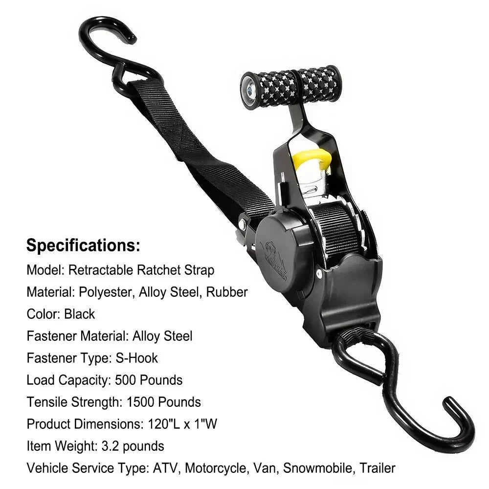Retractable ratchet strap with specifications on a white background
