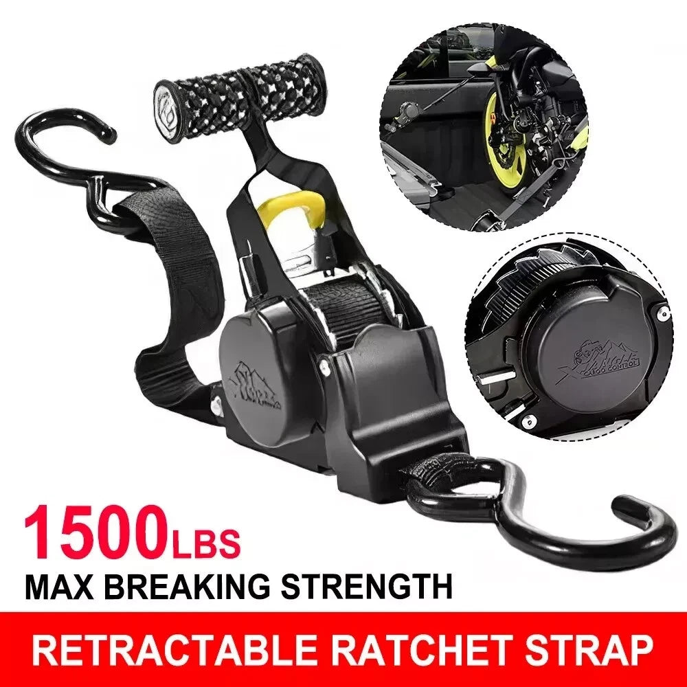 Retractable ratchet strap with maximum breaking strength of 1500 lbs on a white background.