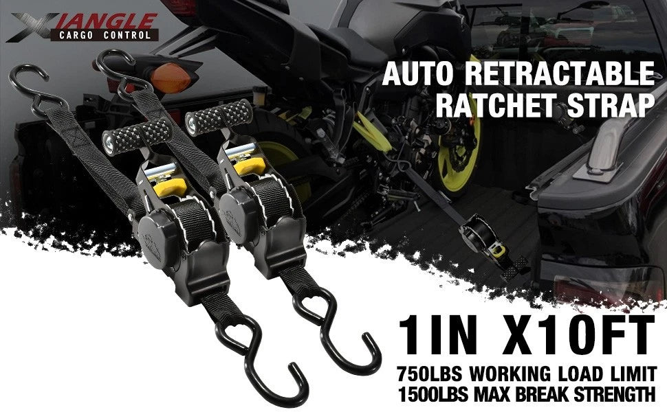 Auto retractable ratchet strap with vehicle in the background