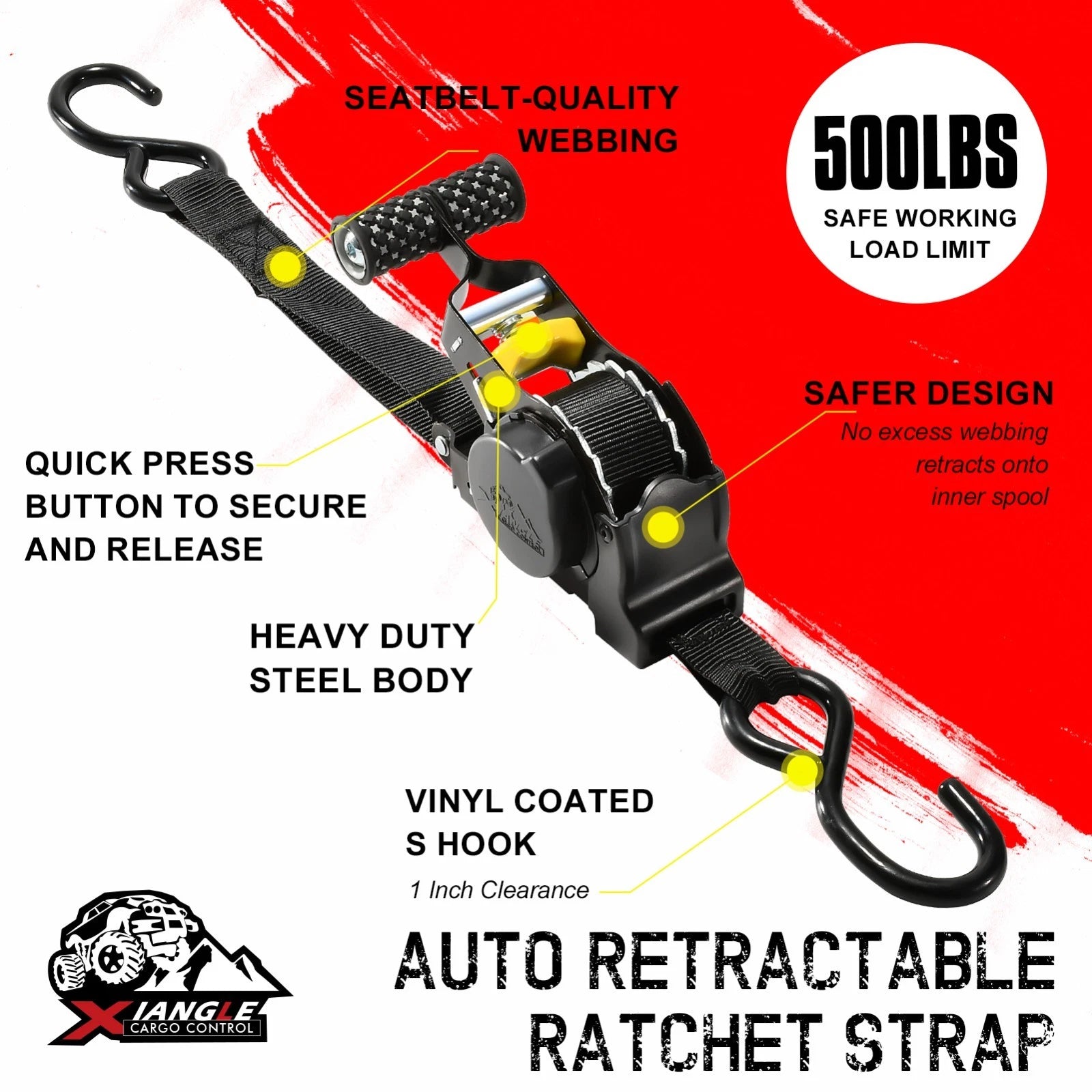 Auto retractable ratchet strap with features highlighted on a red background