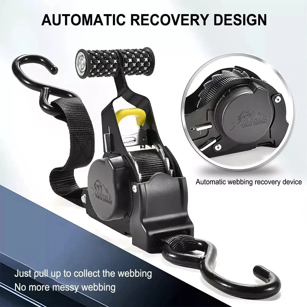 Auto Retracting Ratchet Strap 1" x 10' 1500Lb Heavy Duty Cargo Tie Down Strap