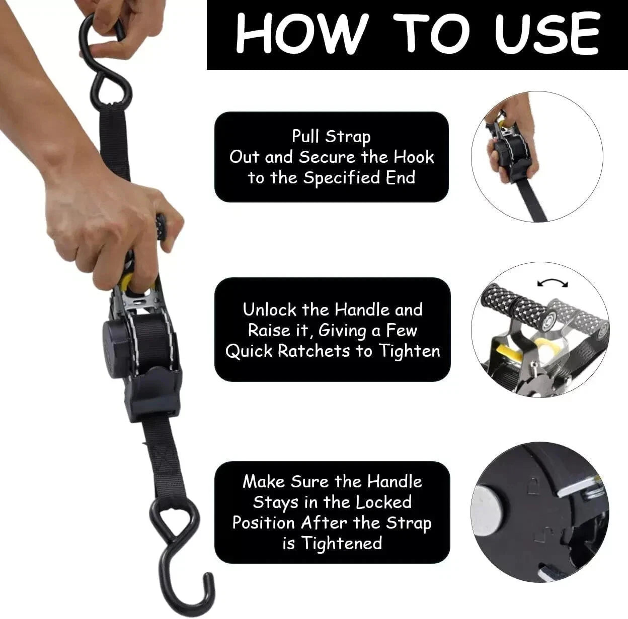 Instructions on how to use a auto retractable ratchet strap with text and diagrams.