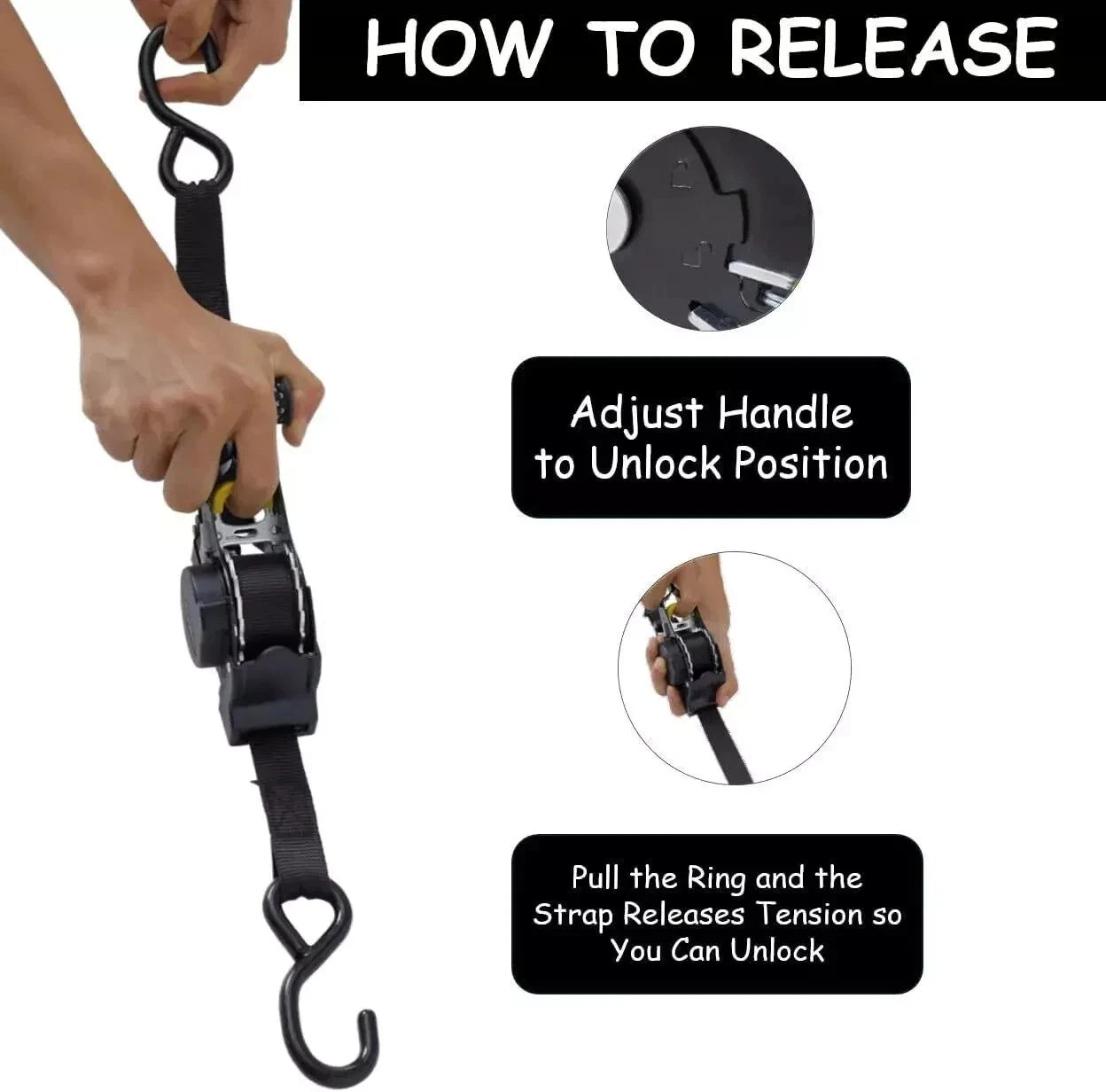 Instructions on how to release a strap with a handle and ring mechanism.