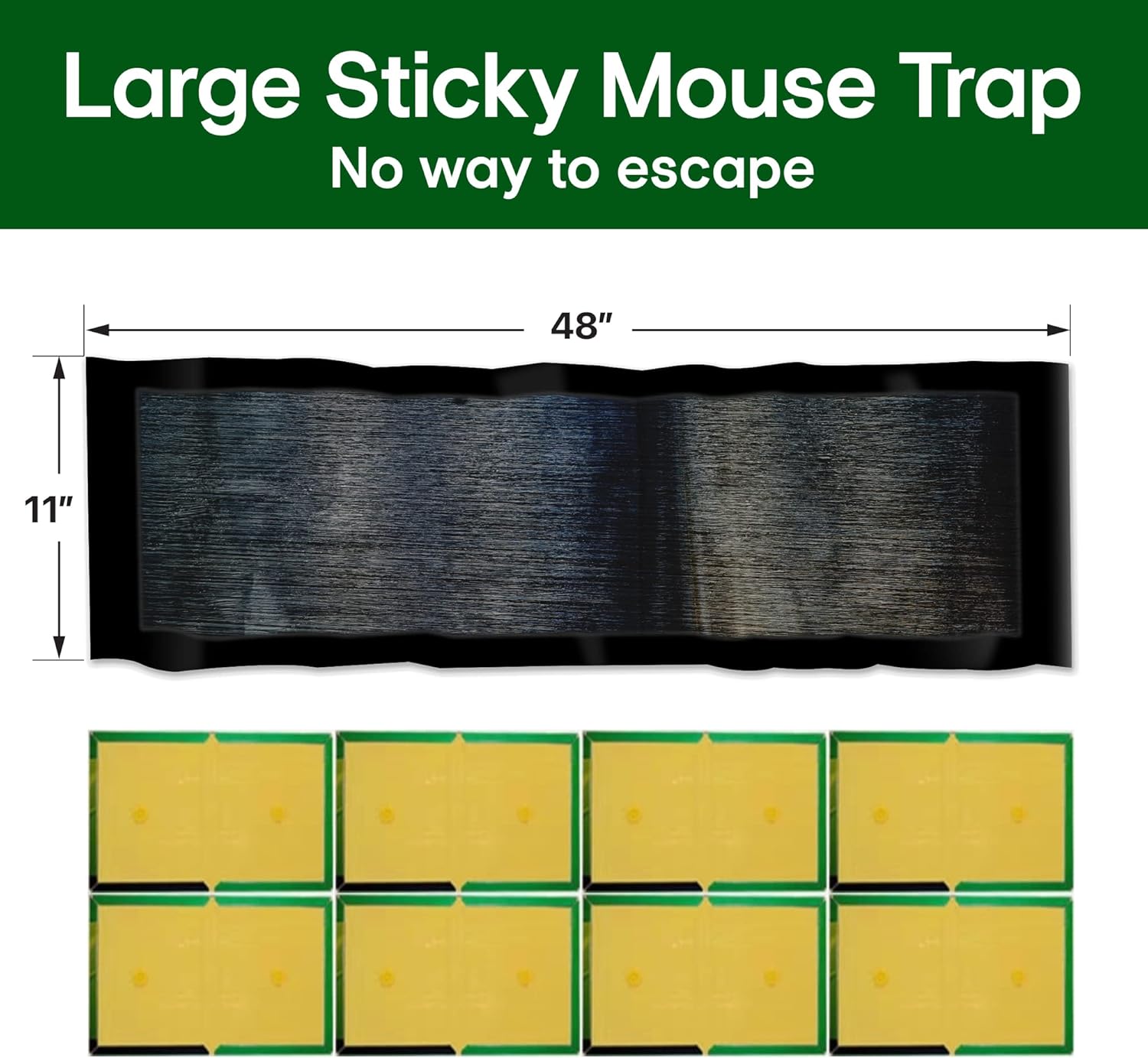 Large sticky mouse trap with dimensions is the same size as multiple smaller glue traps stacked together.