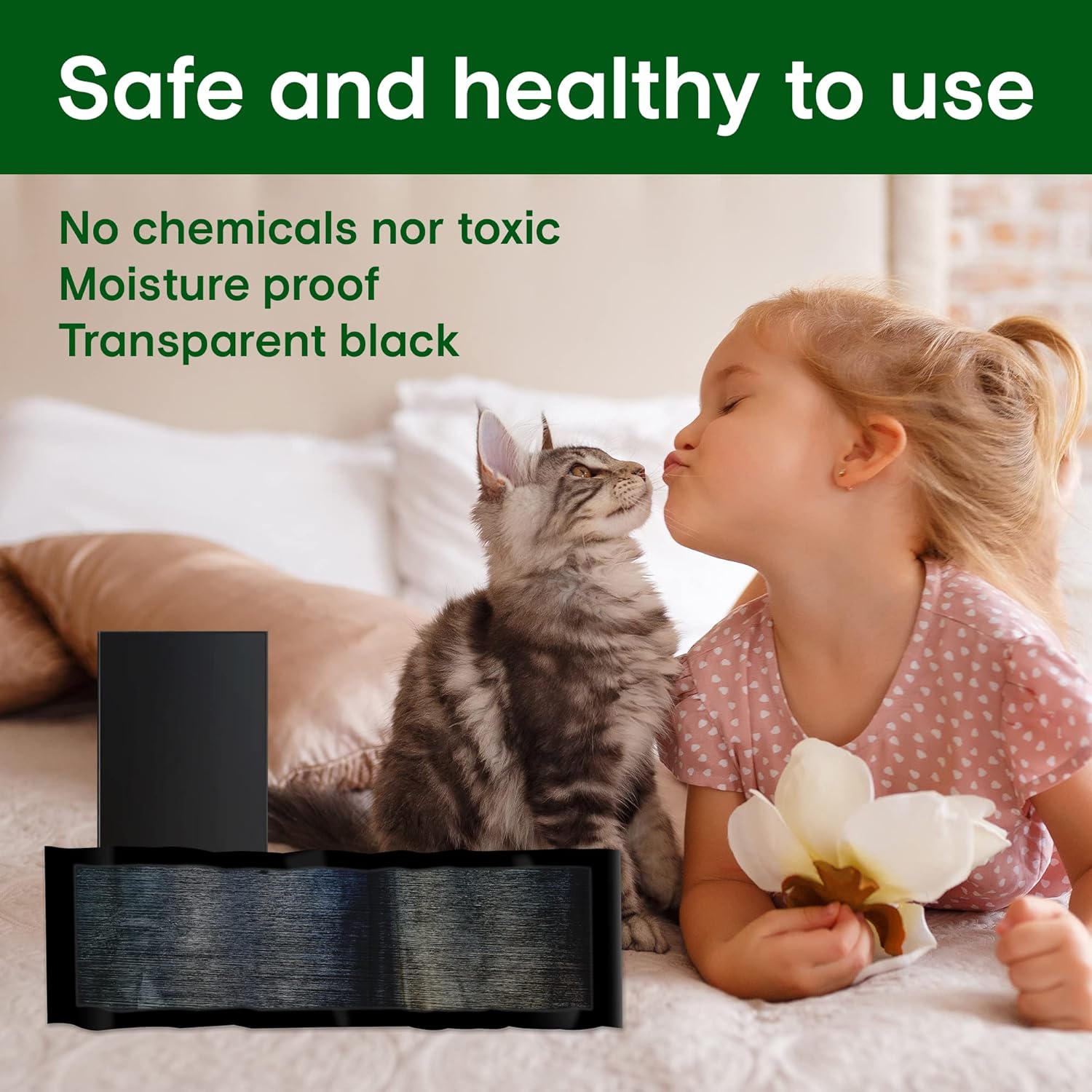 Child and cat with transparent black product on bed showing mouse trap is safe & healthy, non toxic