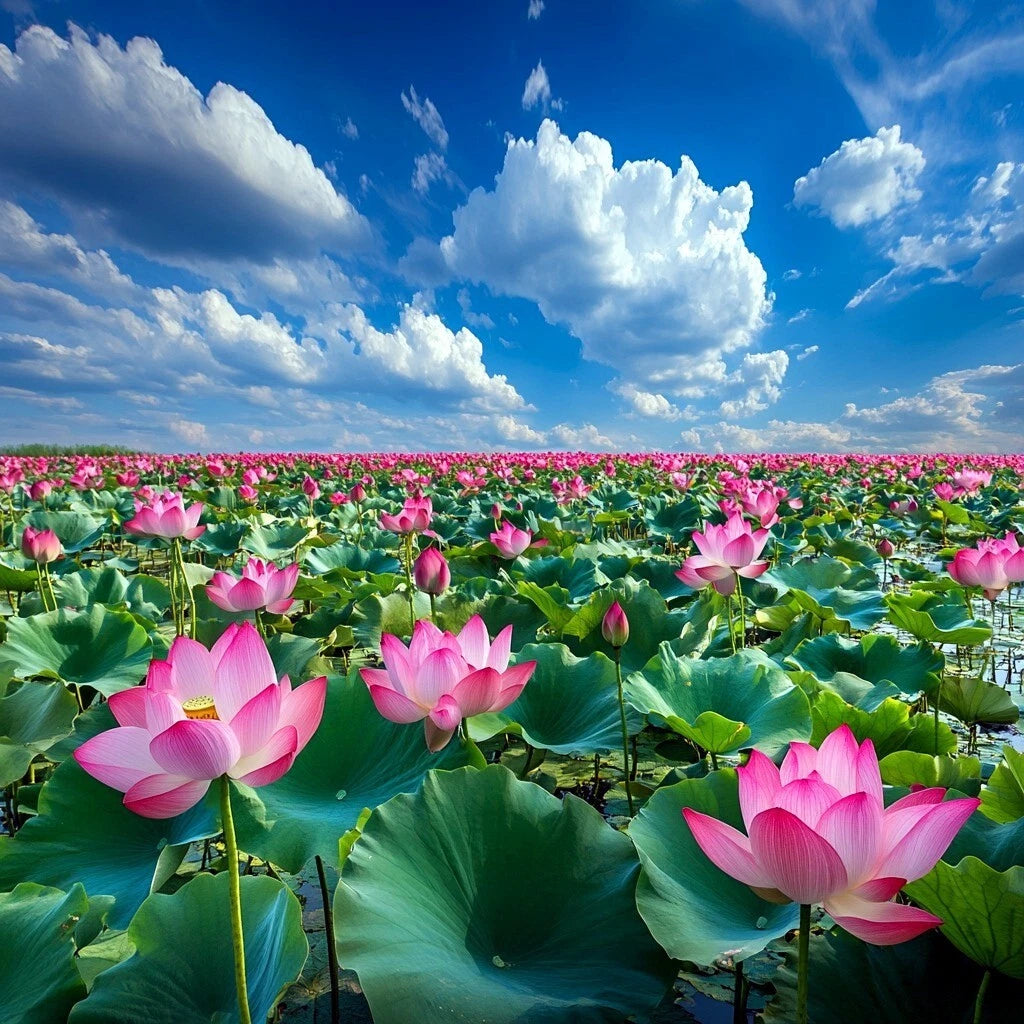 Field of pink Sacred lotus flowers under a blue sky with white clouds