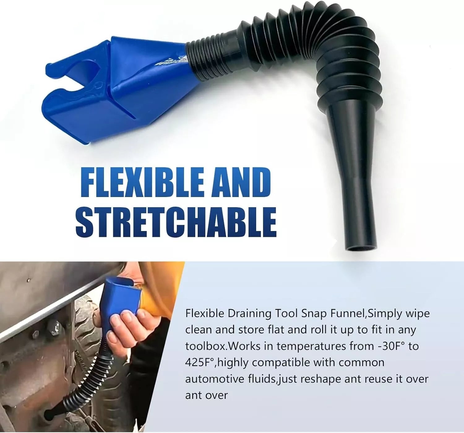 One-Hand Snap Funnel – Flexible Spill-Free Oil, Gas & Coolant Filling Adapter
