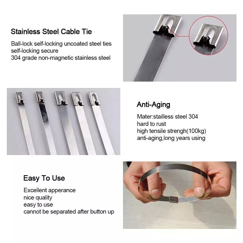 Heavy Duty Metal Zip Ties – 304 Stainless Steel Cable Ties (198–400lb) – 8", 12", 18", 24", 36