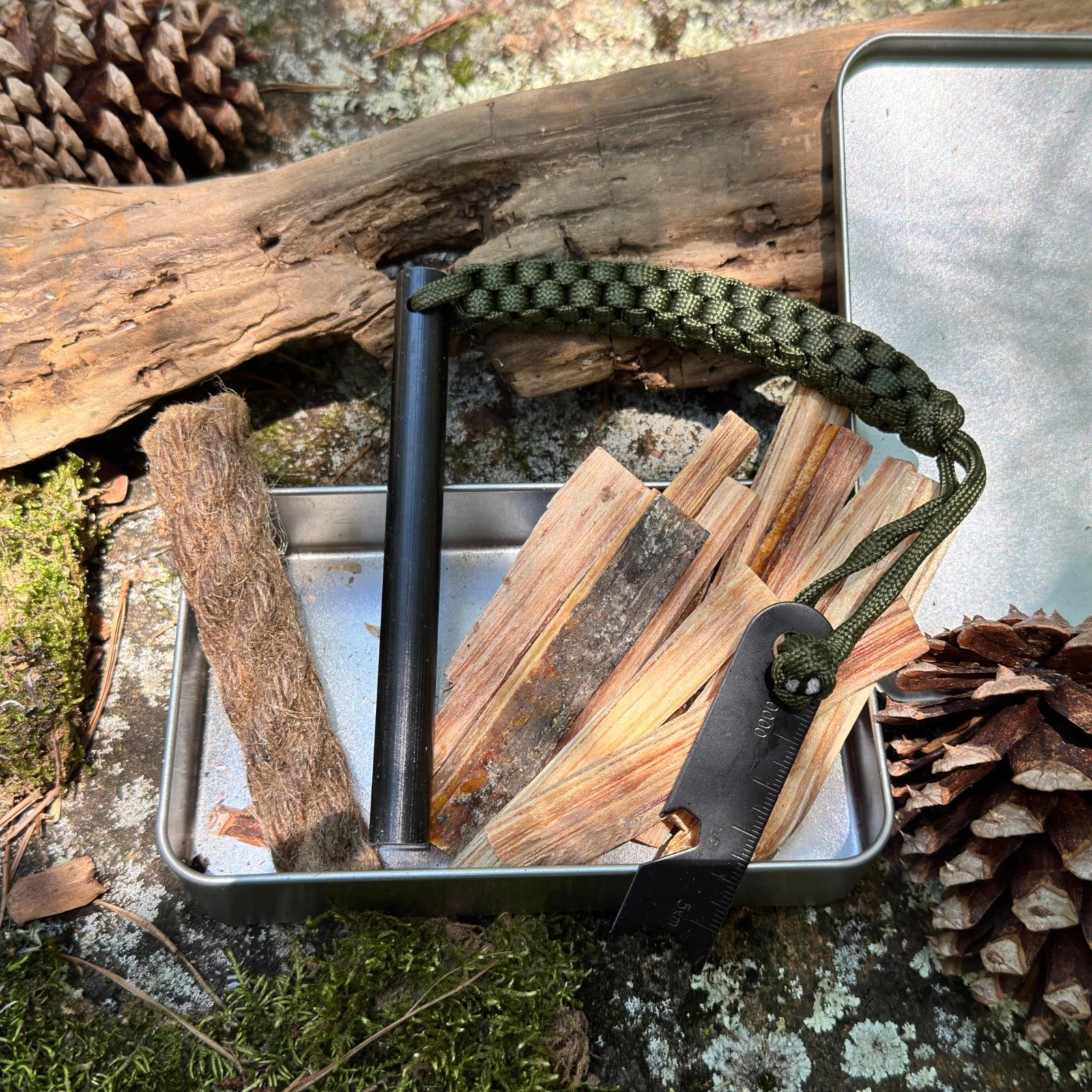 5 x 1/2" Ferro Rod Fire Starter Kit – Fatwood, Hemp Rope, Tin Can, Survival Gear