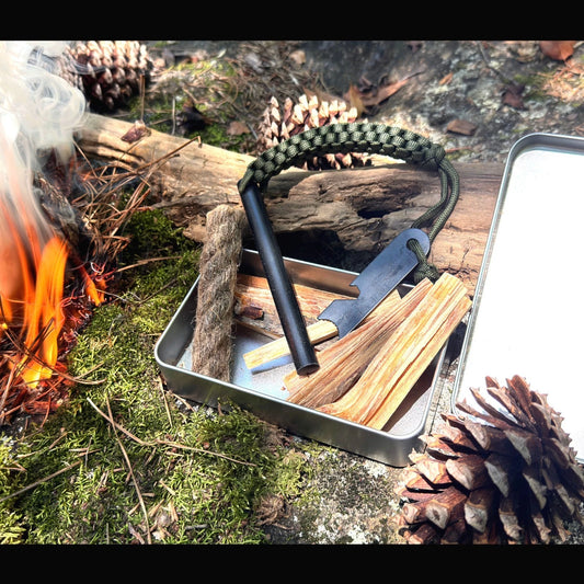 5 x 1/2" Ferro Rod Fire Starter Kit – Fatwood, Hemp Rope, Tin Can, Survival Gear