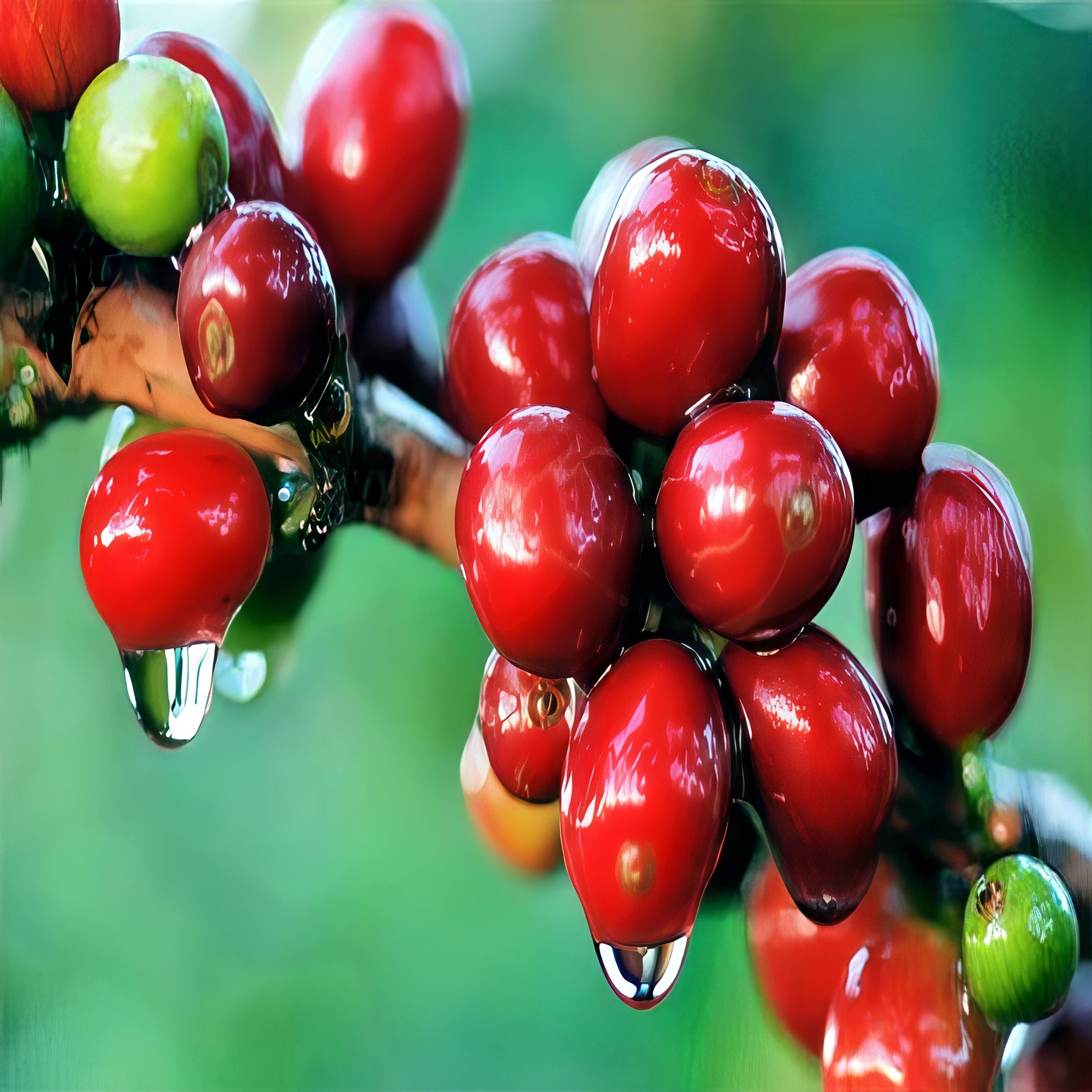 Close-up of red coffee Coffea arabica cherries on a branch with green leaves.