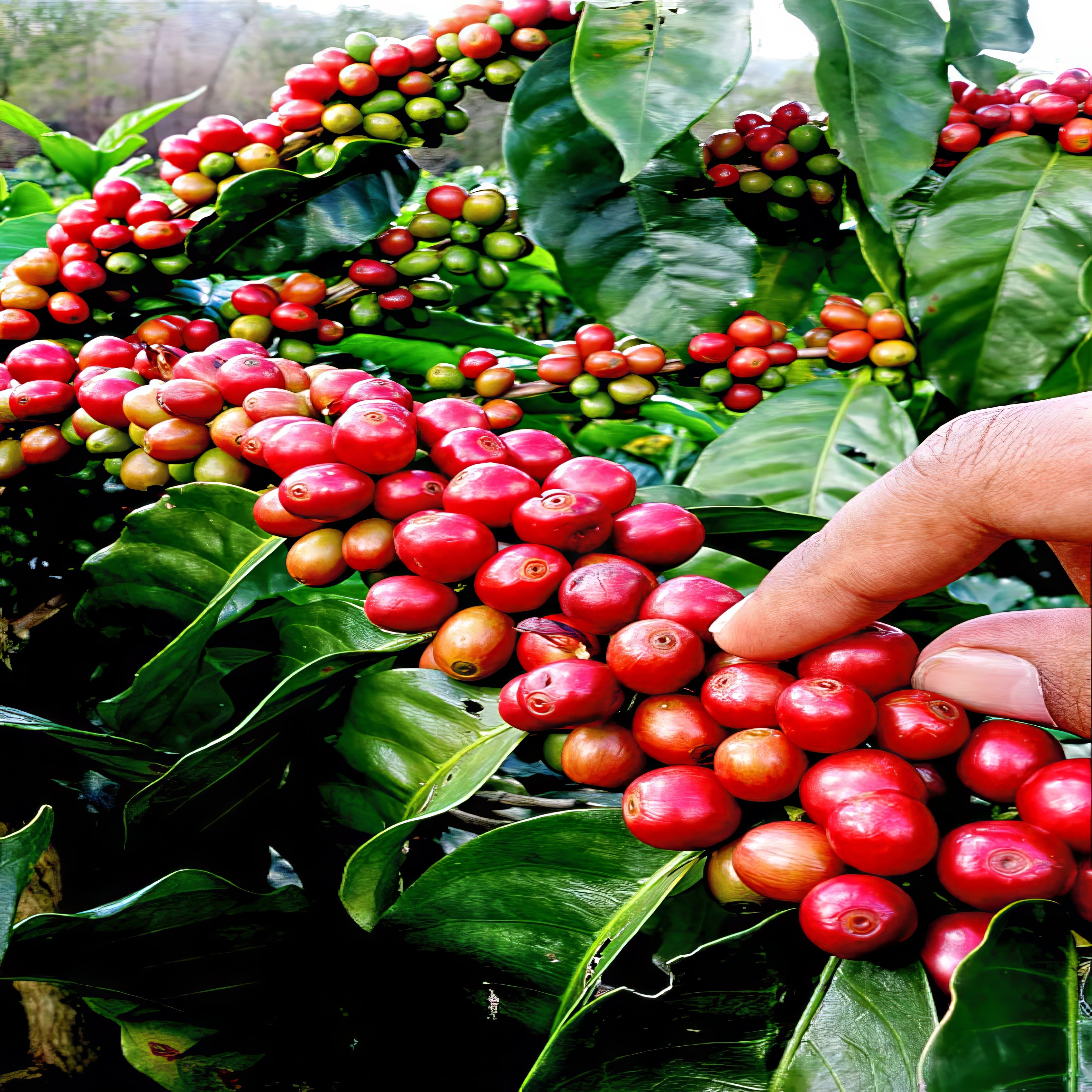 Hand picking red coffee berries from a coffee plant