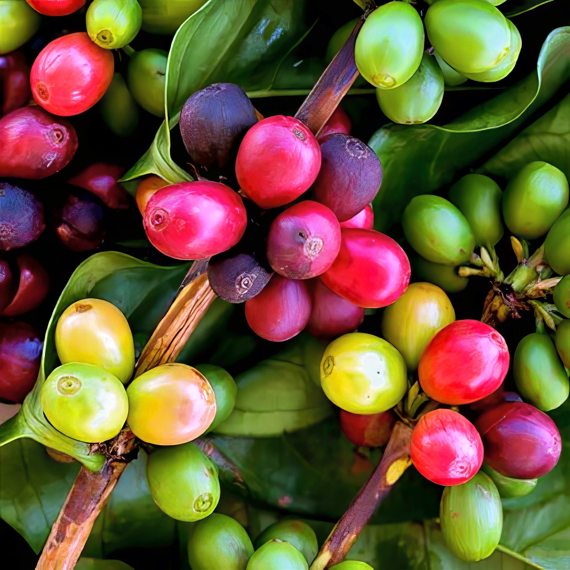 Close-up of coffee berries on a branch with green leaves.