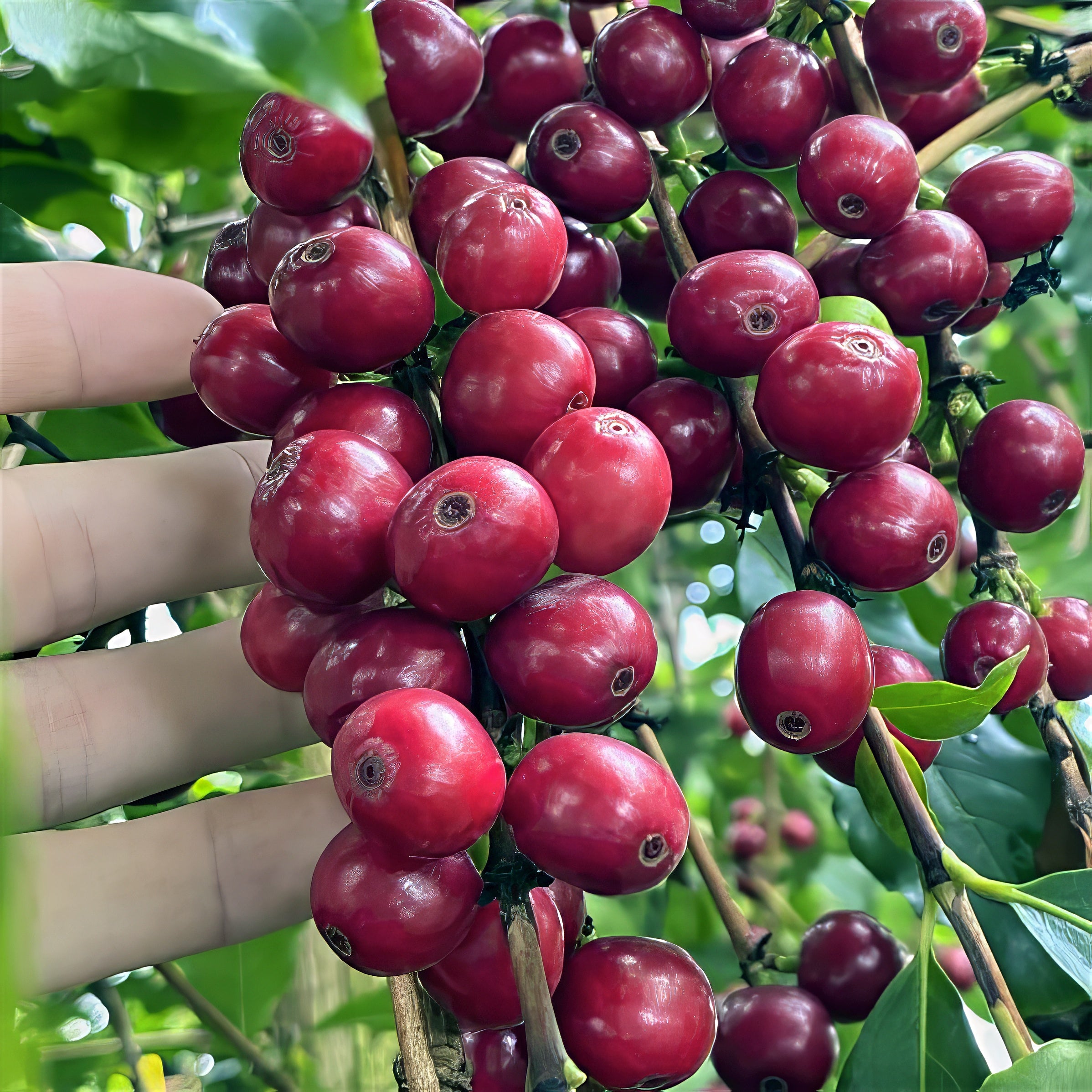 Red coffee berries on a branch with a hand for scale