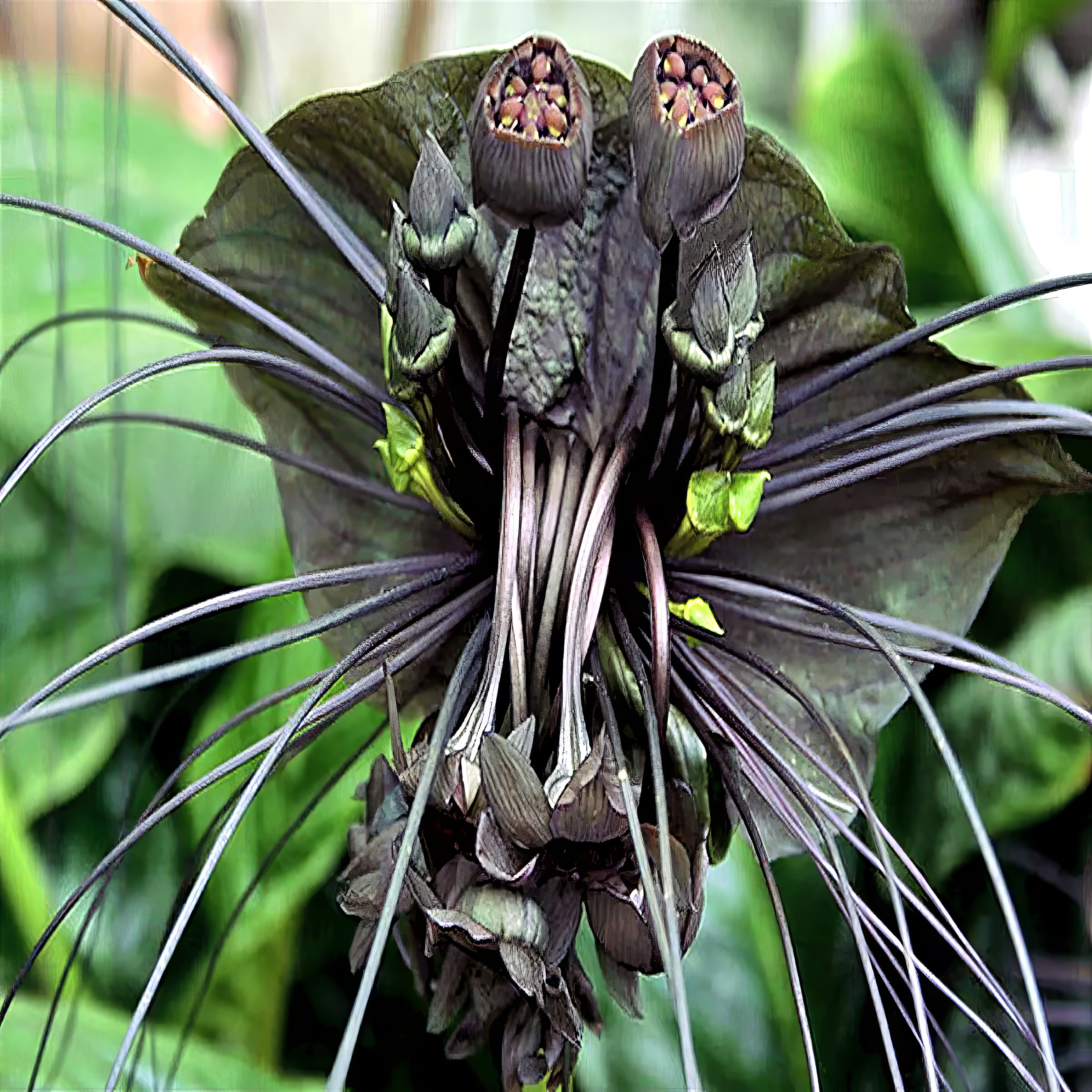 close up of black bat flower plant 